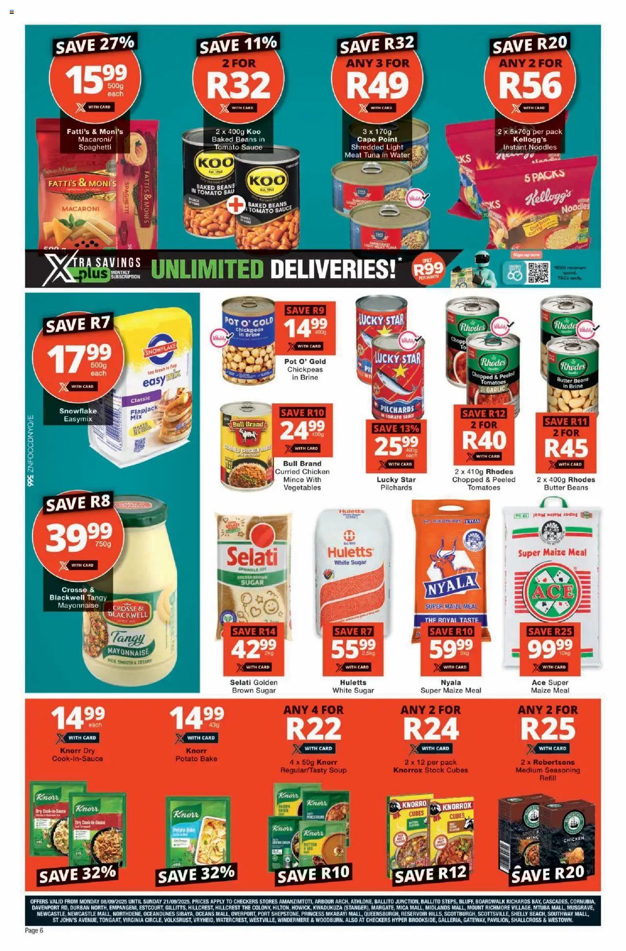 New Checkers catalogue – valid from 08.09.2025 | Page: 6 | Products: Baked beans, Maize meal, Butter, Chicken