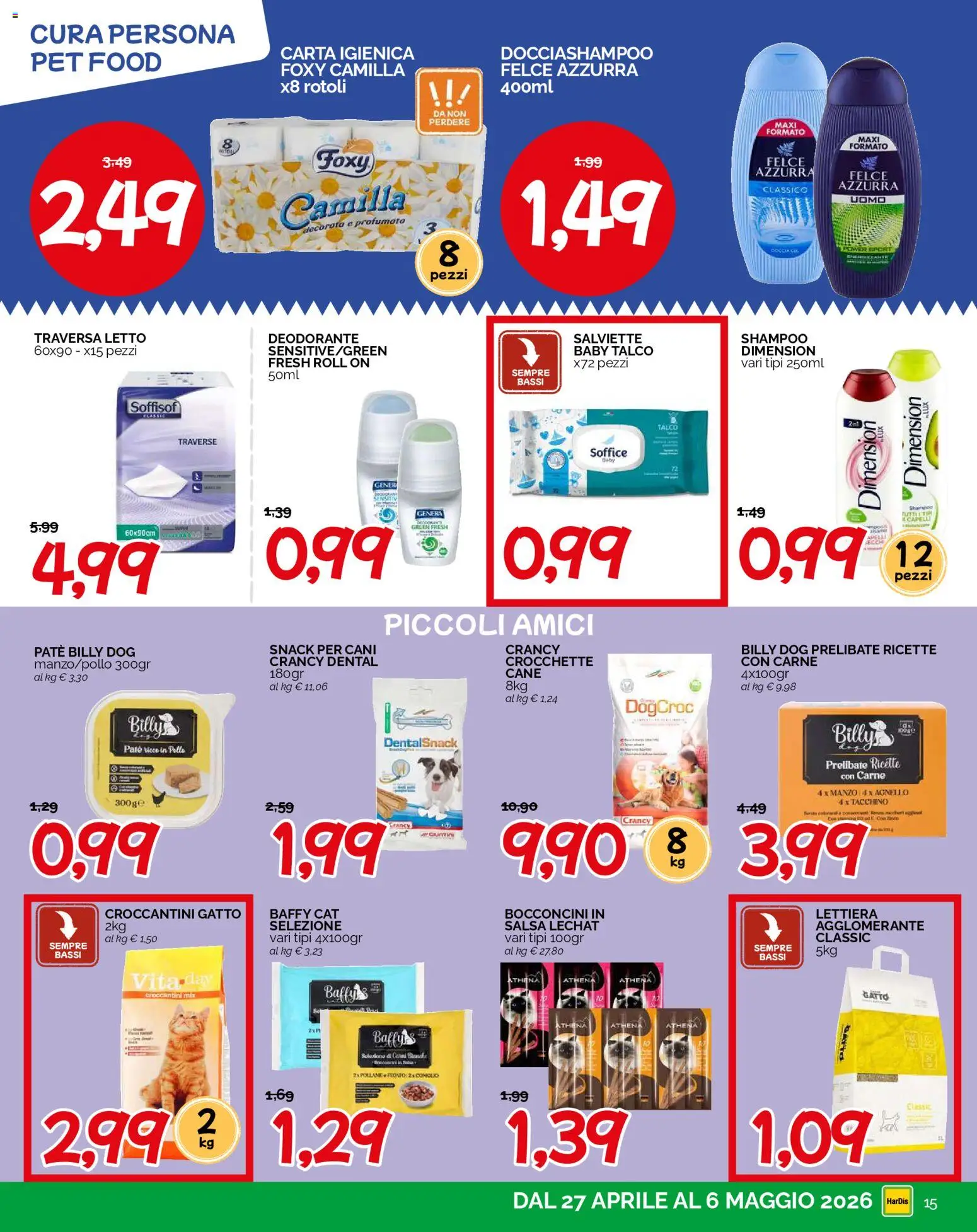 Volantino HarDis del 27.04.2026 | Pagina: 15 | Prodotti: Shampoo, Crocchette, Agnello, Doccia