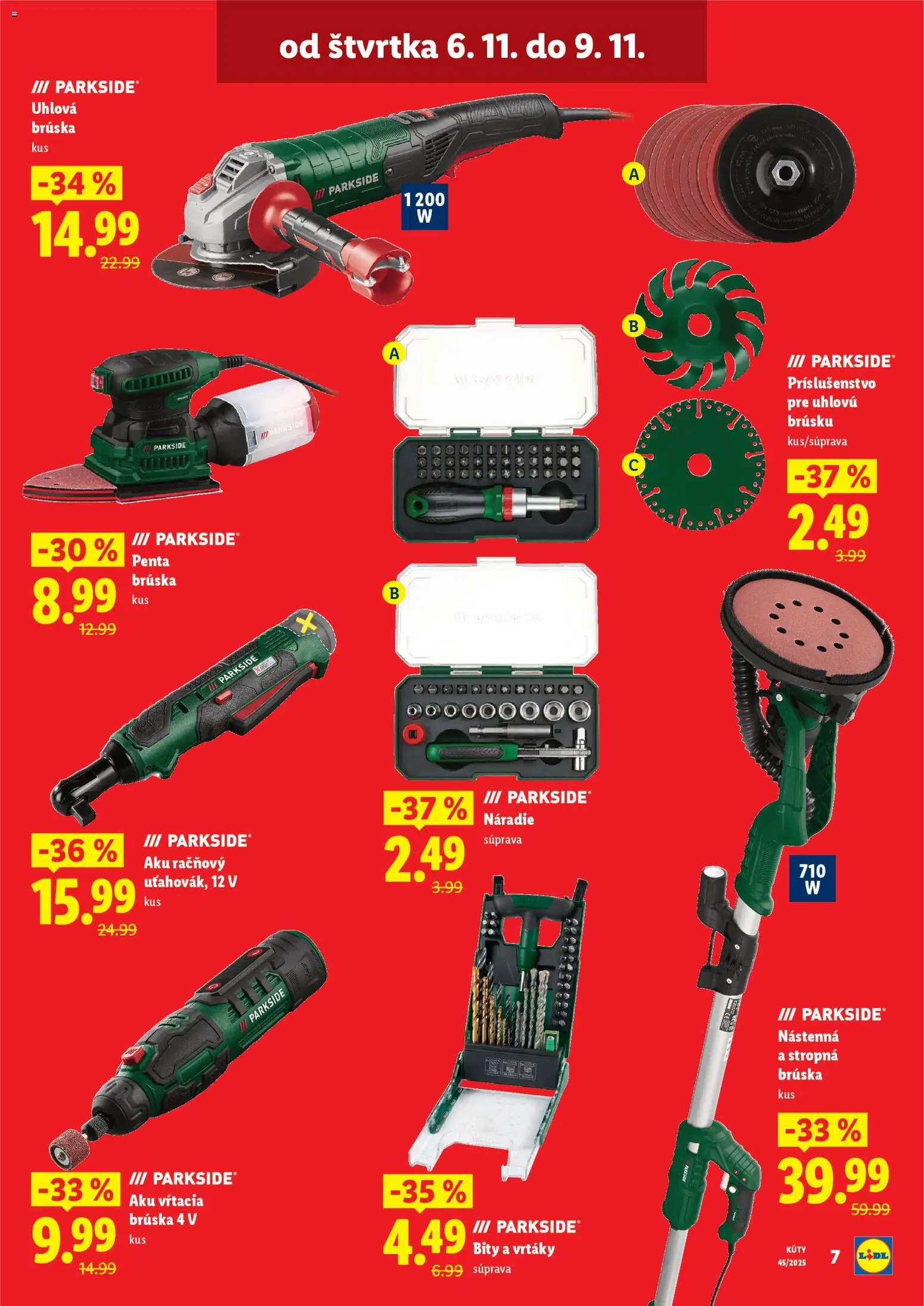 Nové Lidl akcie – leták je platný od 06.11.2025 | Strana: 7 | Produkty: Náradie, Uhlová brúska, Aku, Parkside