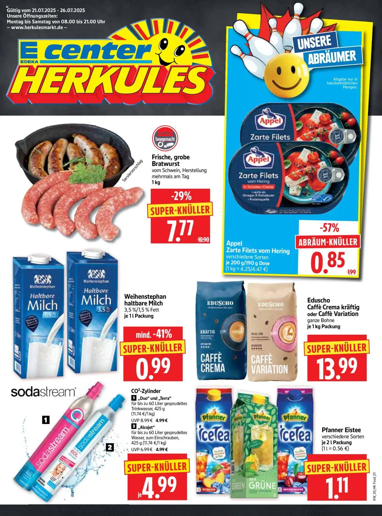 HERKULES Prospekt 	 - gültig ab dem 21.07.2025 | Seite: 1 | Produkte: Haltbare milch, Bratwurst, Pfanner eistee, Eduscho
