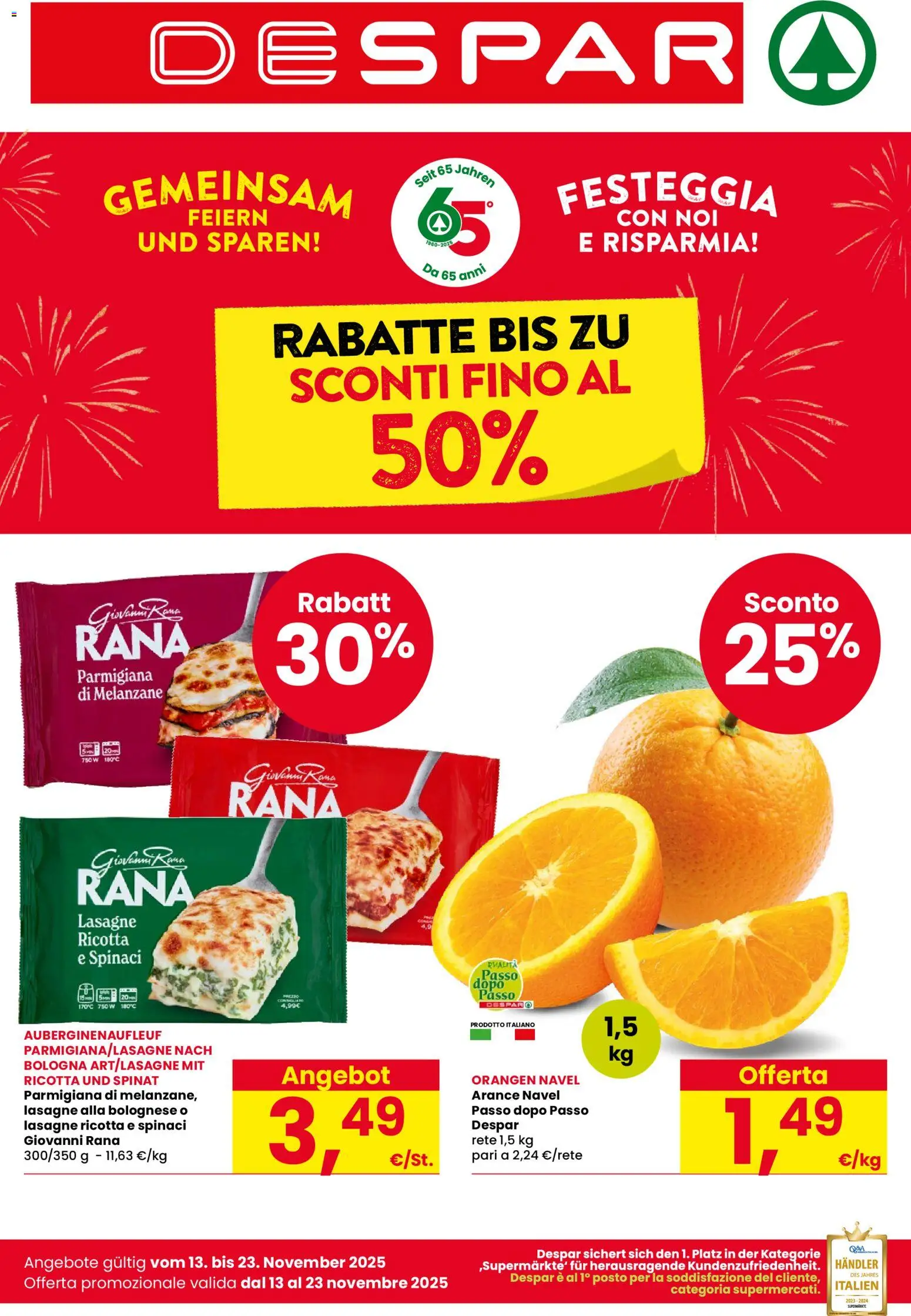 Volantino Despar del 13.11.2025 | Pagina: 1 | Prodotti: Arance, Spinaci, Melanzane, Ricotta