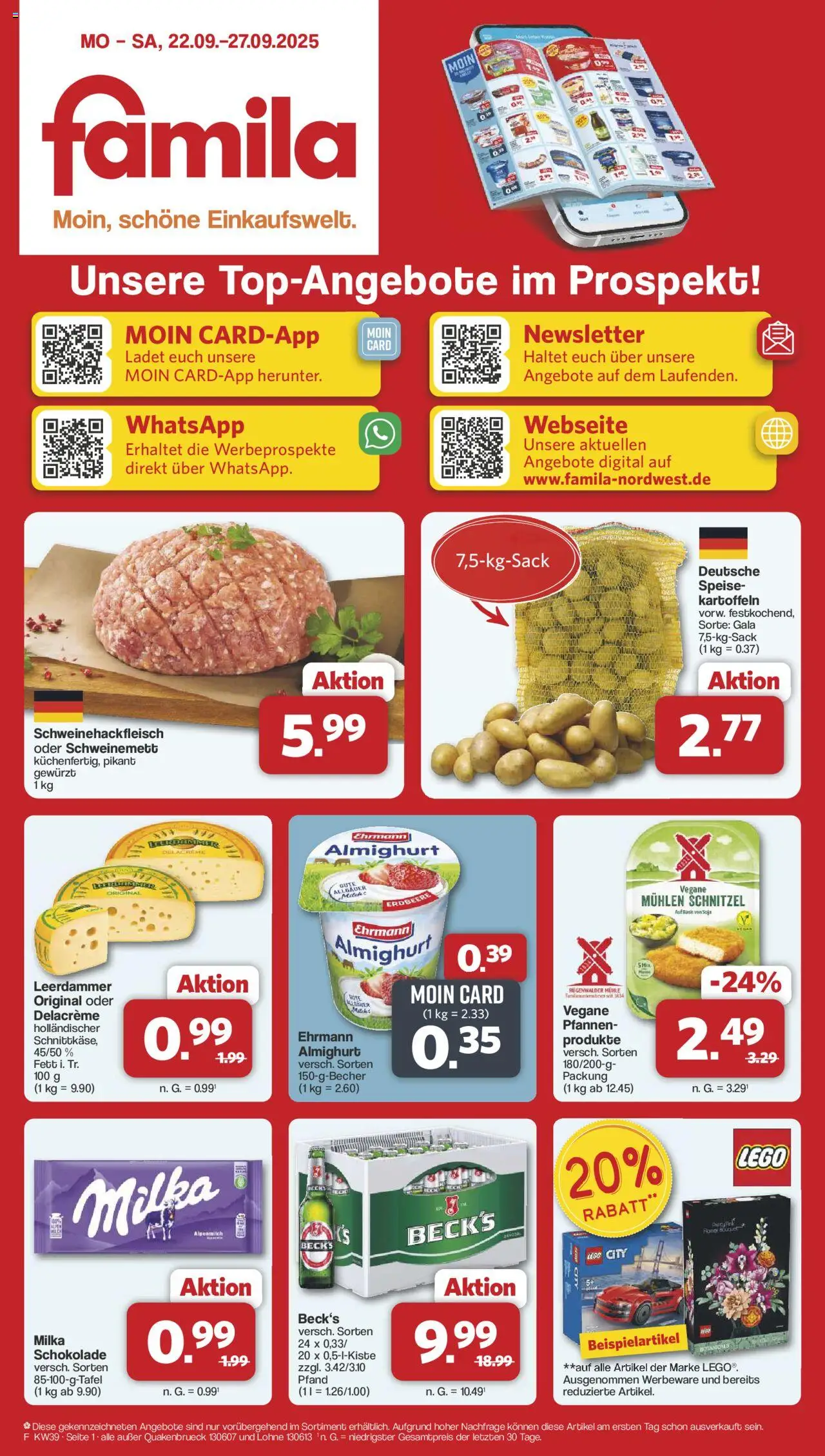 Famila Nordwest Prospekt 	 – gültig ab 22.09.2025 | Seite: 1 | Produkte: Ehrmann almighurt, Schokolade, Leerdammer, Kartoffeln