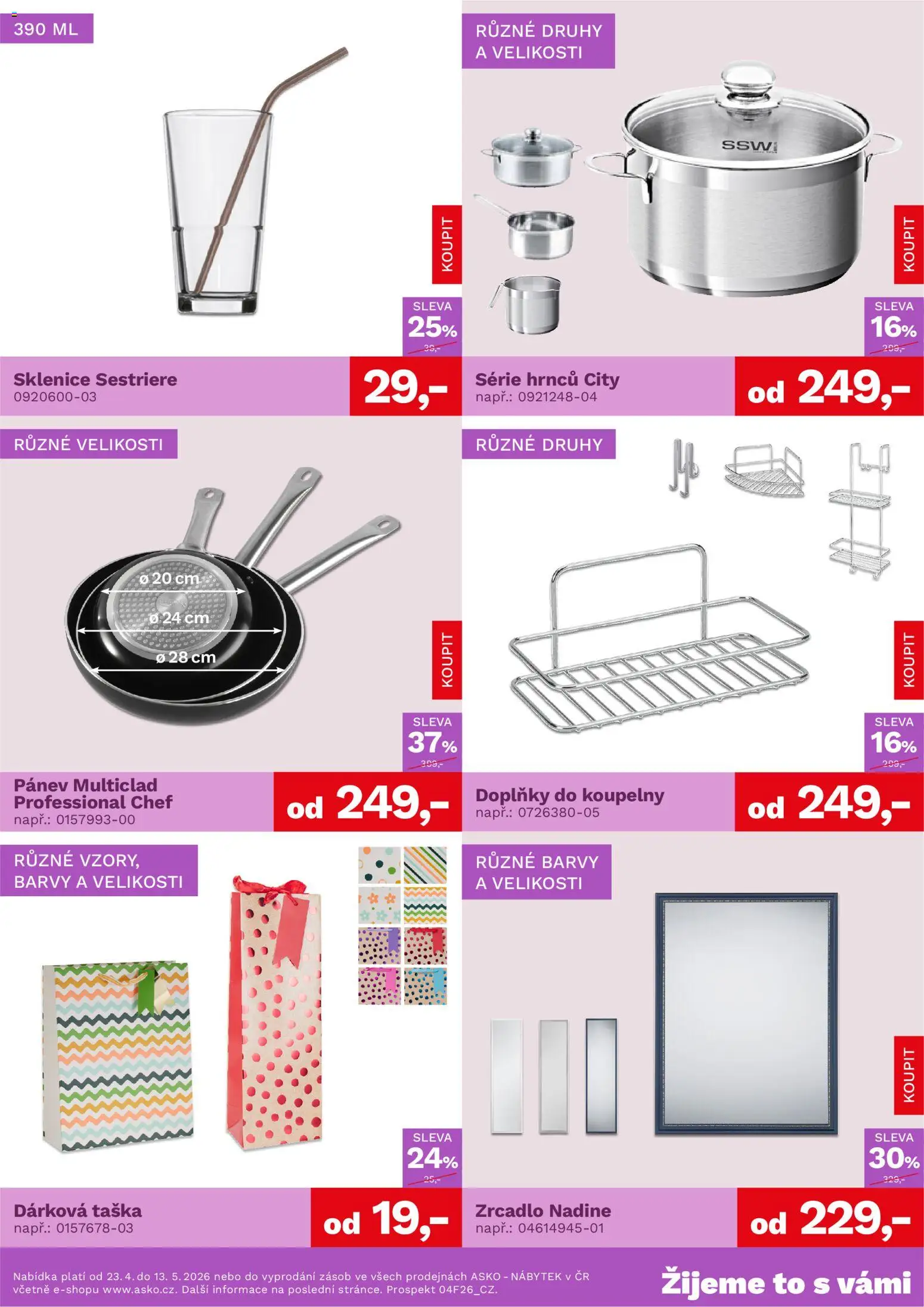 ASKO nábytek leták - Bytové doplňky od 23.04.2026 | Strana: 2 | Produkty: Pánev, Dárková taška, Zrcadlo, Sklenice
