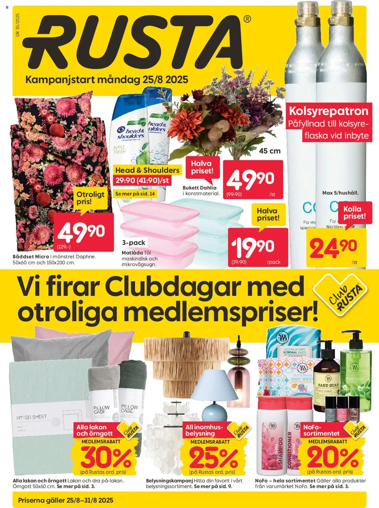 Rusta reklamblad aktuell från 25.08.2025 | Sida: 1 | Produkter: Bäddset, Galler, Matlåda, Kolsyrepatron