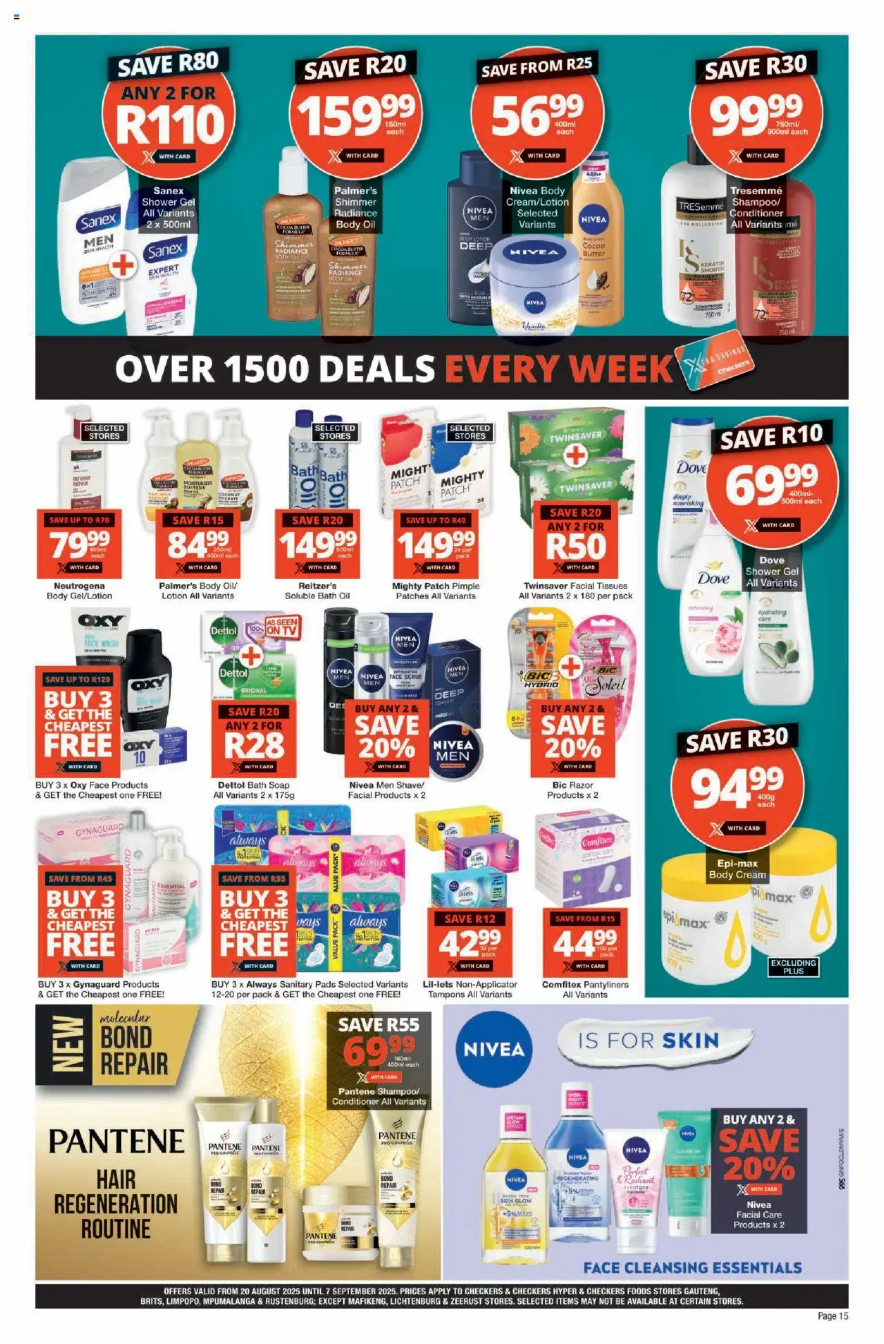 Checkers Gauteng - August Month-End Promotion │ valid from 20.08.2025 | Page: 15 | Products: Bath, Pads, Soap, Shower gel