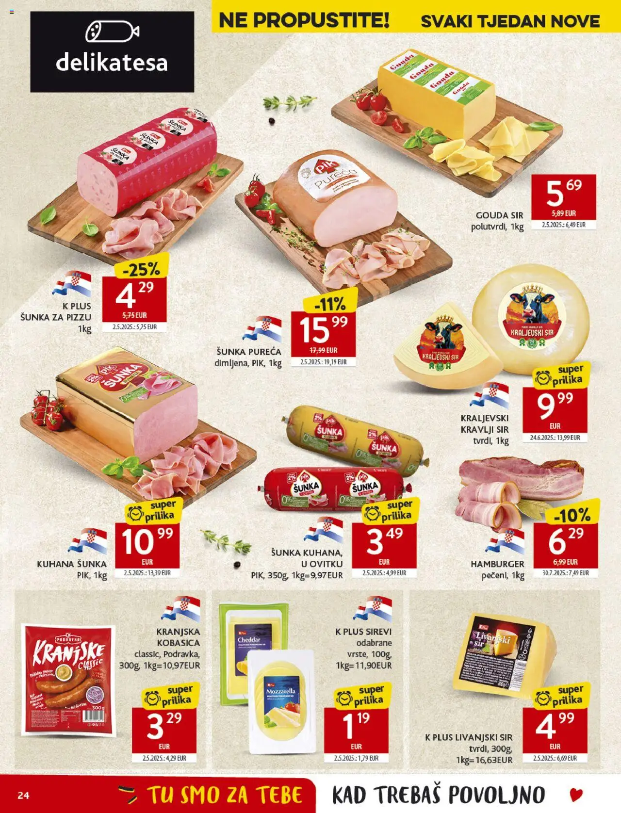 Konzum katalog | vrijedi od 15.10.2025 | Stranica: 24 | Proizvodi: Mozzarella, Sir, Kranjska kobasica, Hamburger