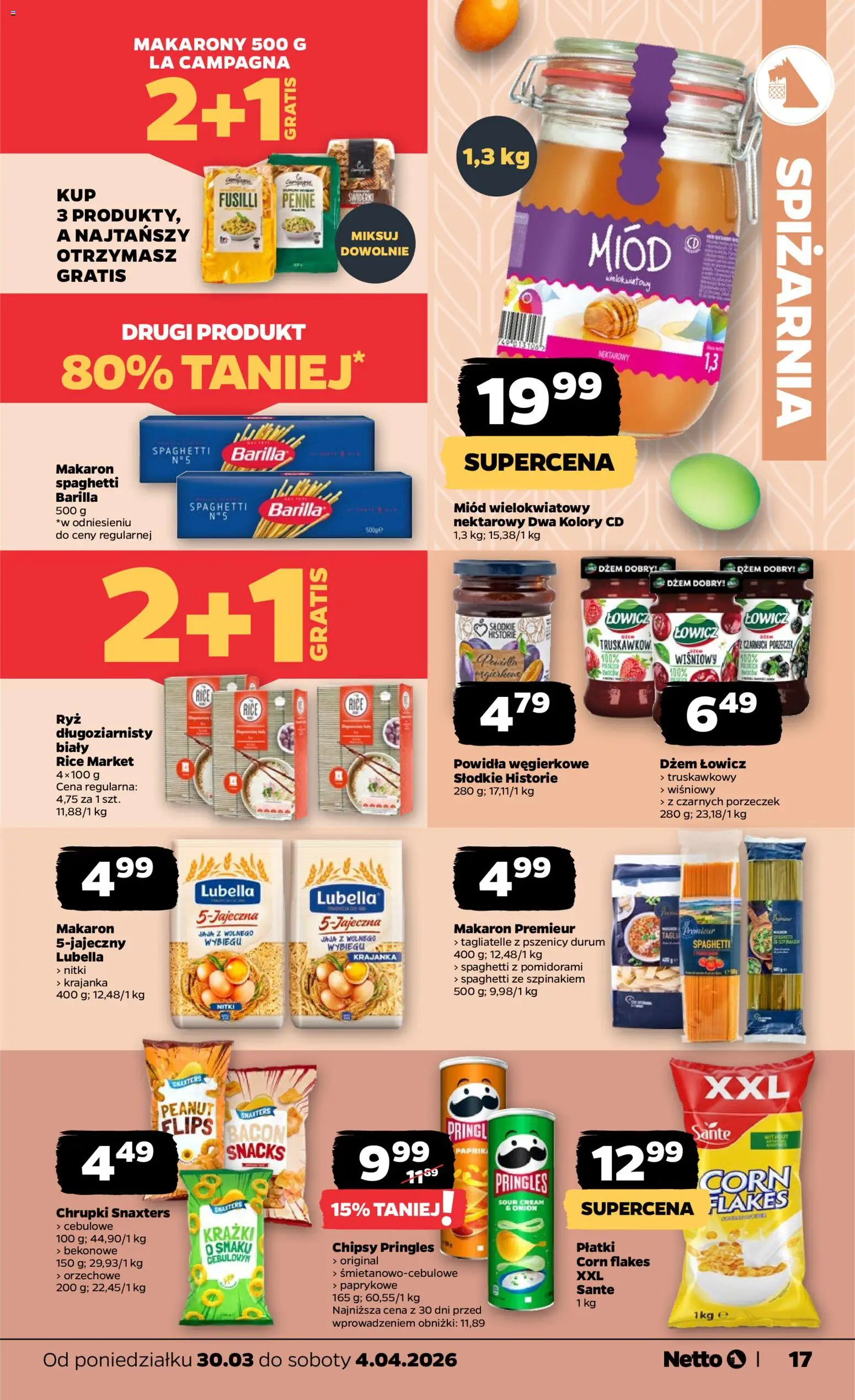 Netto gazetka od poniedziałku spożywcza od 30.03.2026 | Strona: 17 | Produkty: Chipsy pringles, Powidła, Pringles, Jaja