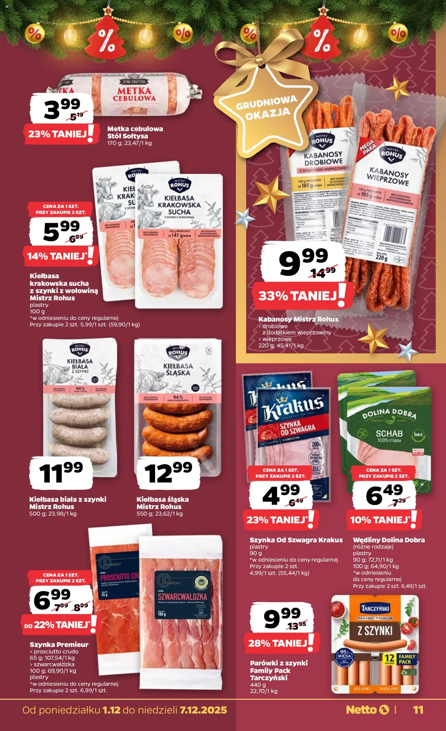 Netto gazetka - Spożywcza od 01.12.2025 | Strona: 11 | Produkty: Kiełbasa, Parówki, Kiełbasa biała z szynki, Wołowina