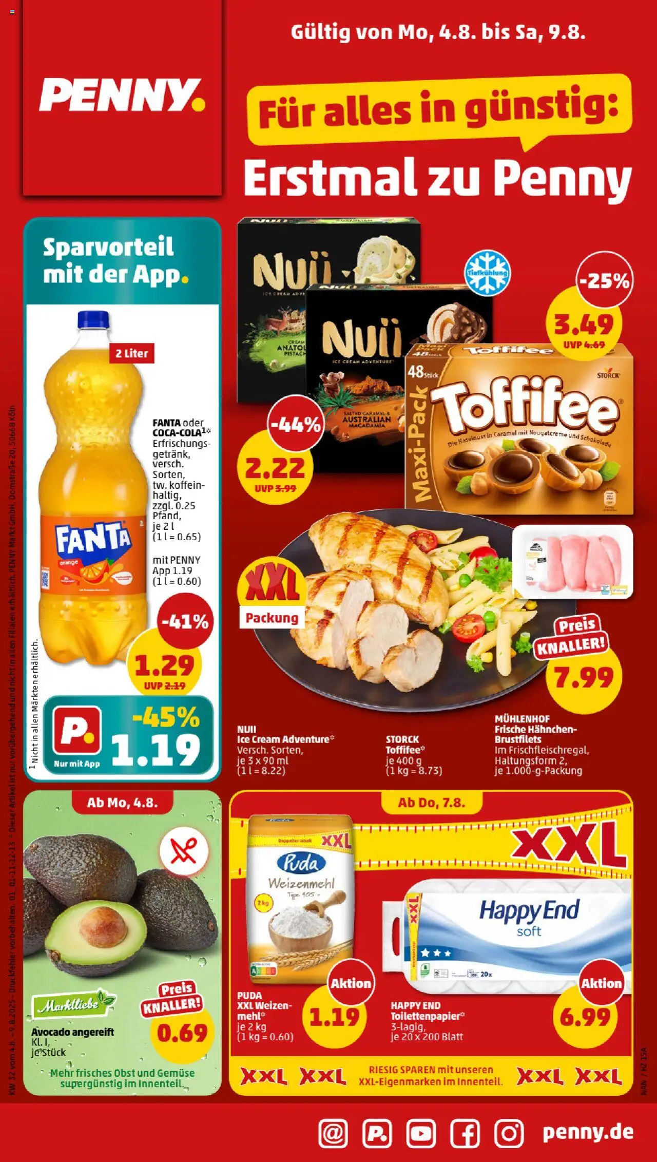 Penny Prospekt 	 - gültig ab dem 04.08.2025 | Seite: 1 | Produkte: Mehl, Schokolade, Gemüse, Toilettenpapier
