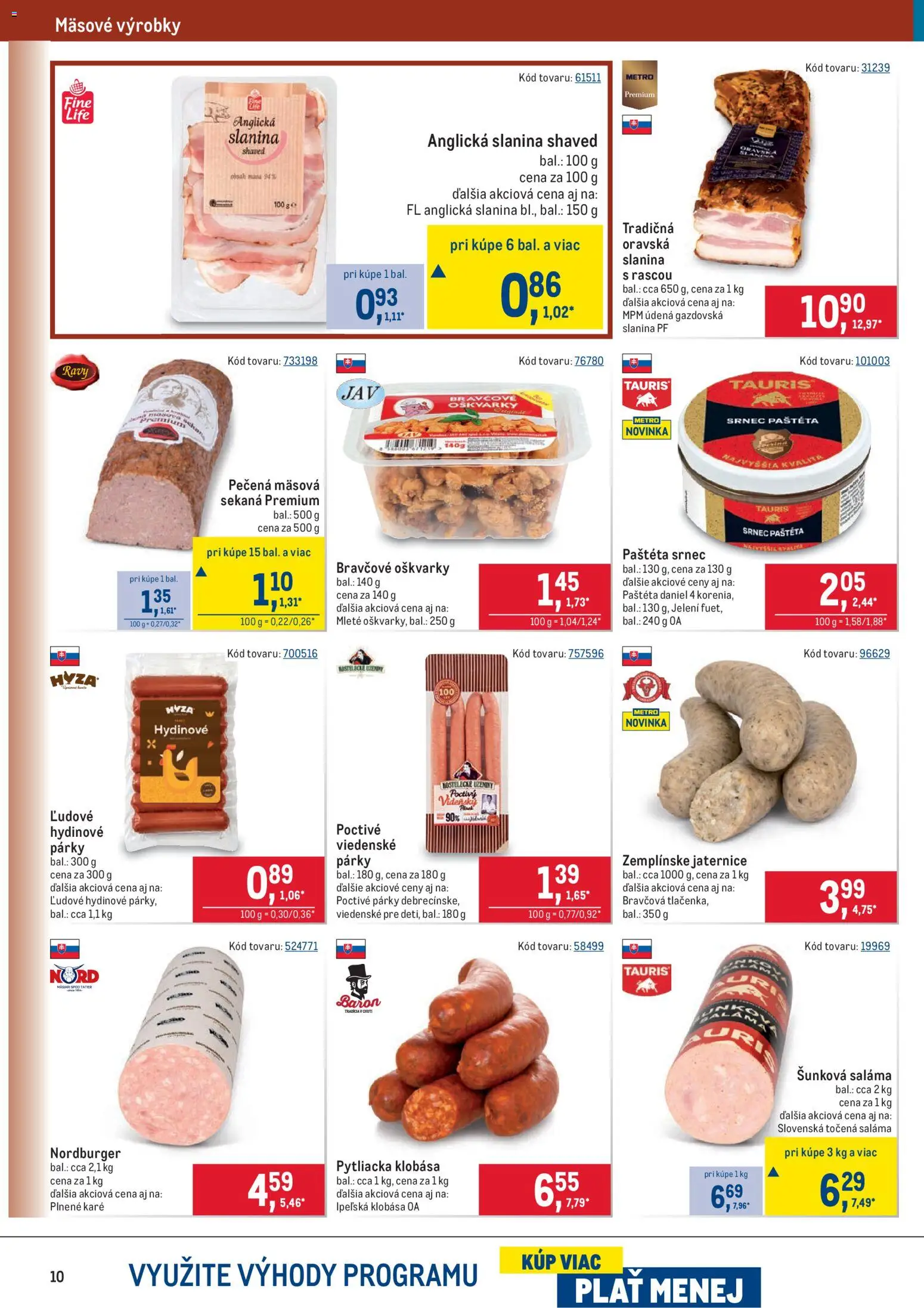 Nové Metro akcie – leták je platný od 22.10.2025 | Strana: 10 | Produkty: Saláma, Slanina, Klobása, Párky