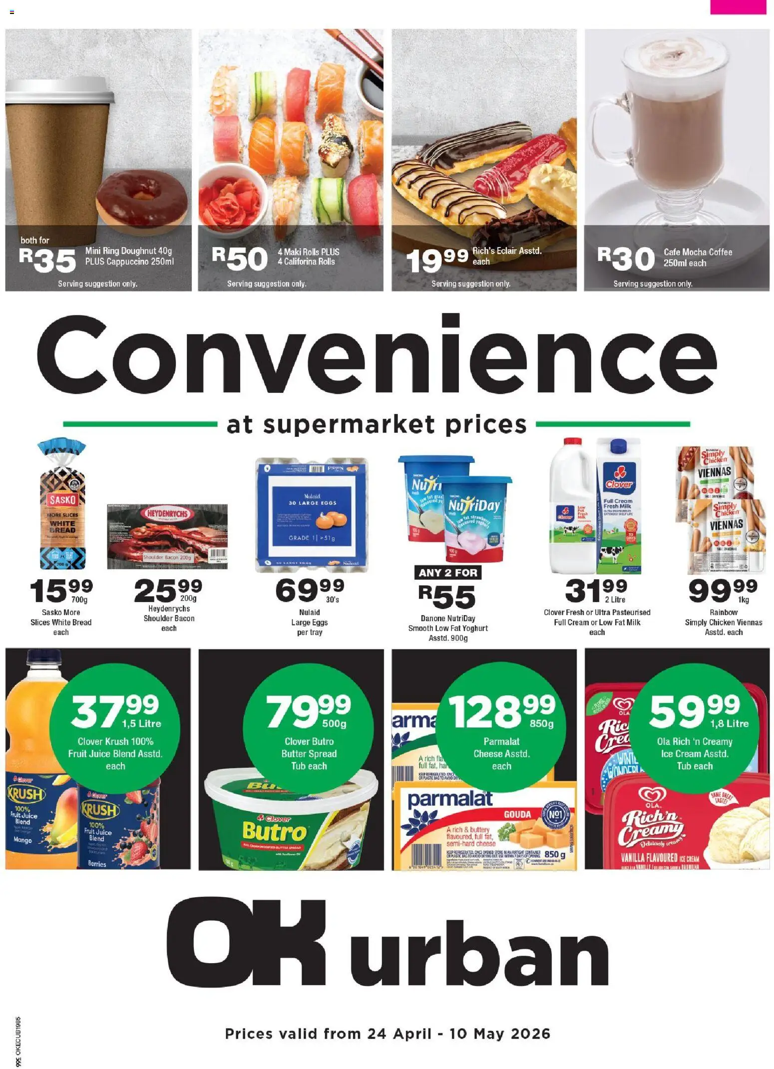 New OK Foods catalogue – valid from 24.04.2026 | Page: 1 | Products: Yoghurt, Butter, Eggs, Bread