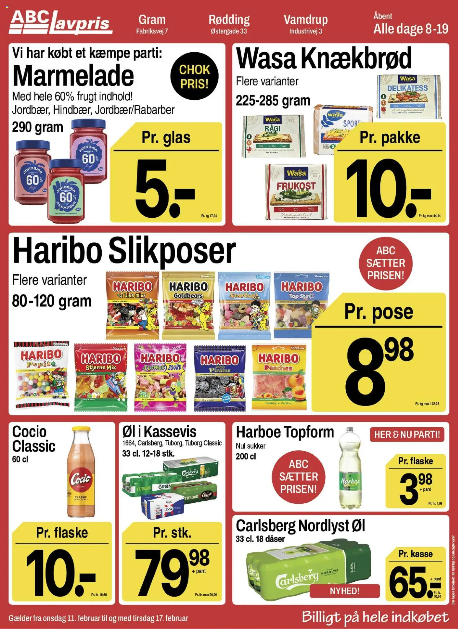 Abc Lavpris tilbudsavis – gyldig fra 11.02.2026 | Side: 1 | Produkter: Øl, Ferskner, Knækbrød, Sukker