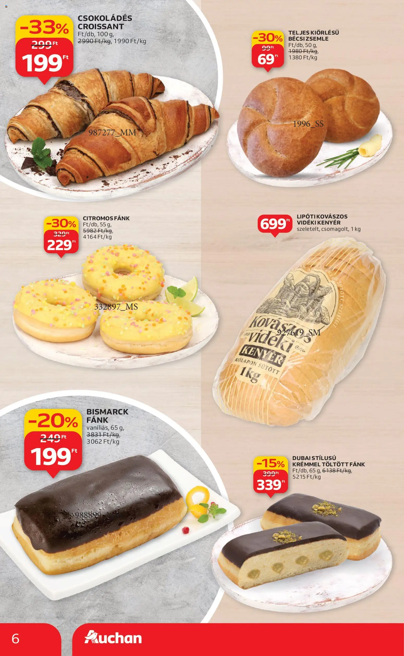 Auchan akciós ujság - amely érvényes a következő dátumtól: 15.01.2026 | Oldal: 6 | Termékek: Croissant, Fánk, Kenyér