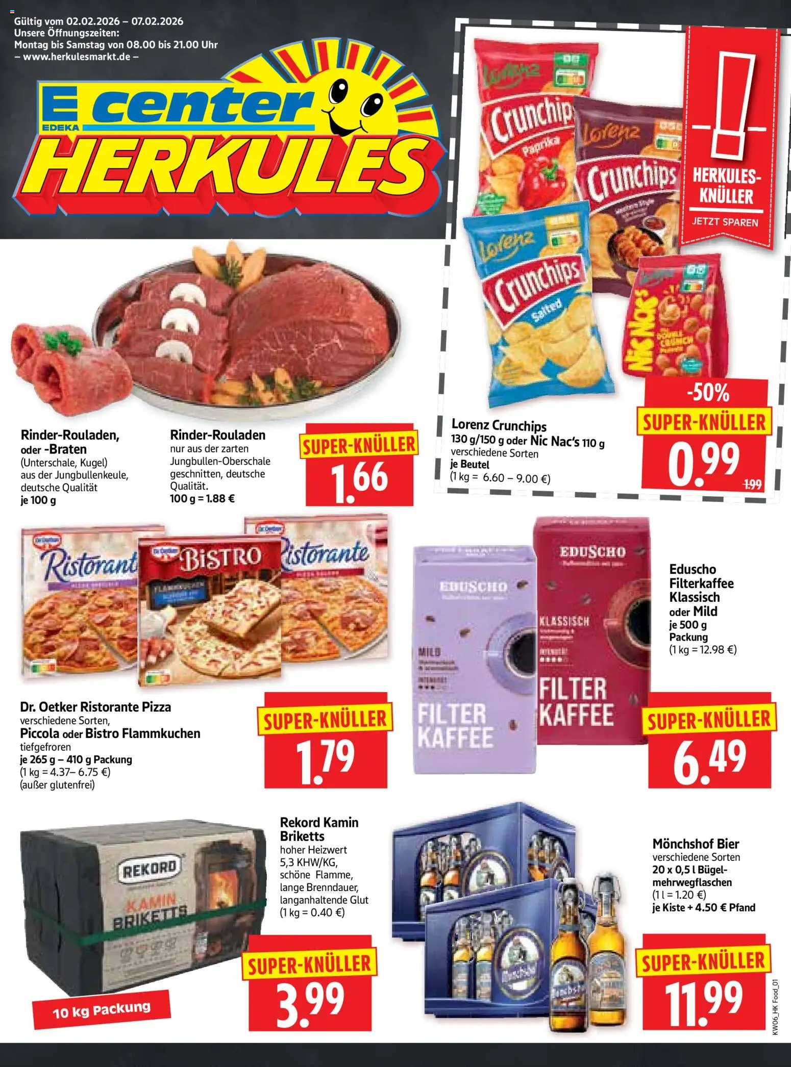 HERKULES Prospekt 	 – gültig ab 02.02.2026 | Seite: 1 | Produkte: Rinderrouladen, Kamin, Uhr, Eduscho