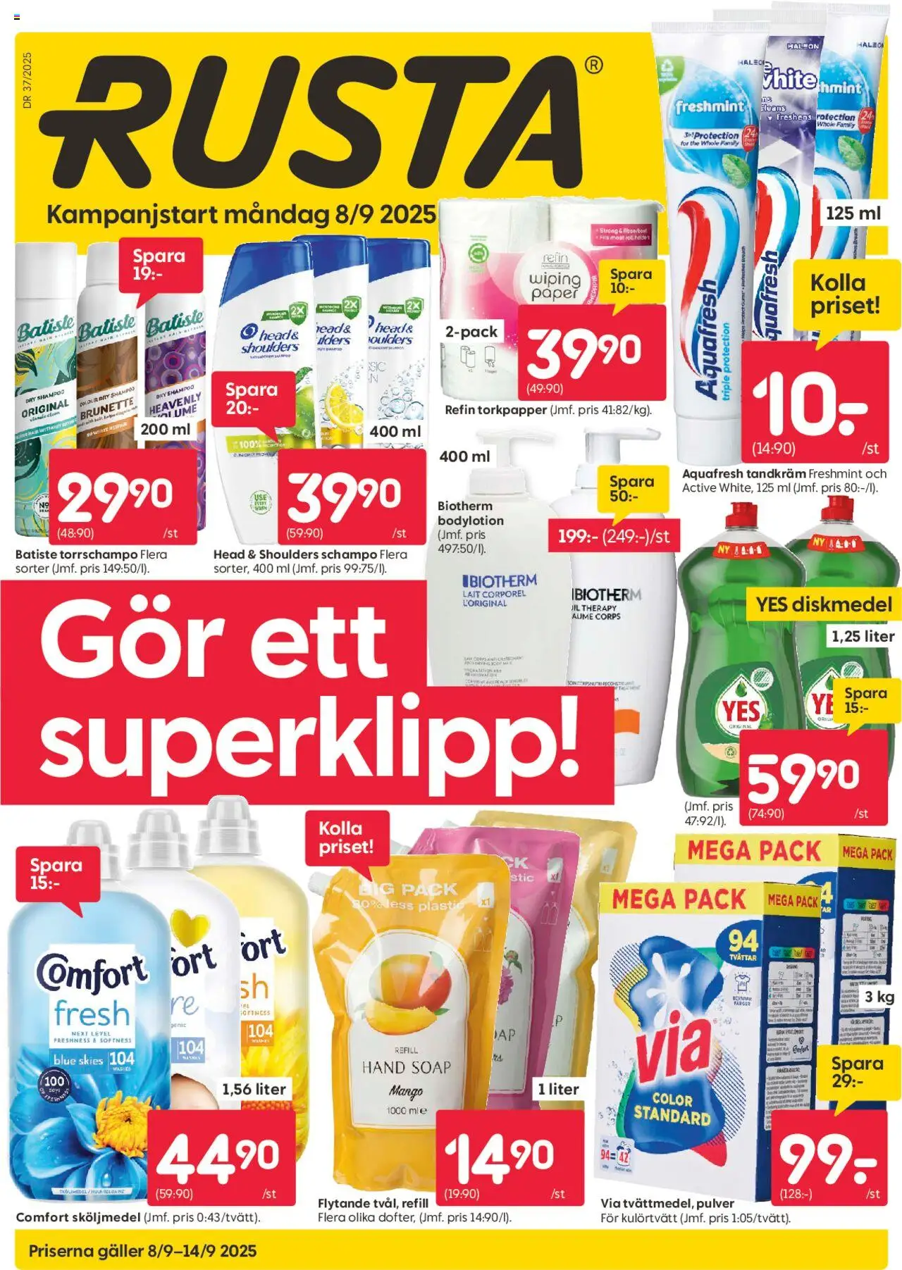 Rusta reklamblad aktuell från 08.09.2025 | Sida: 1 | Produkter: Schampo, Tandkräm, Sköljmedel, Mango