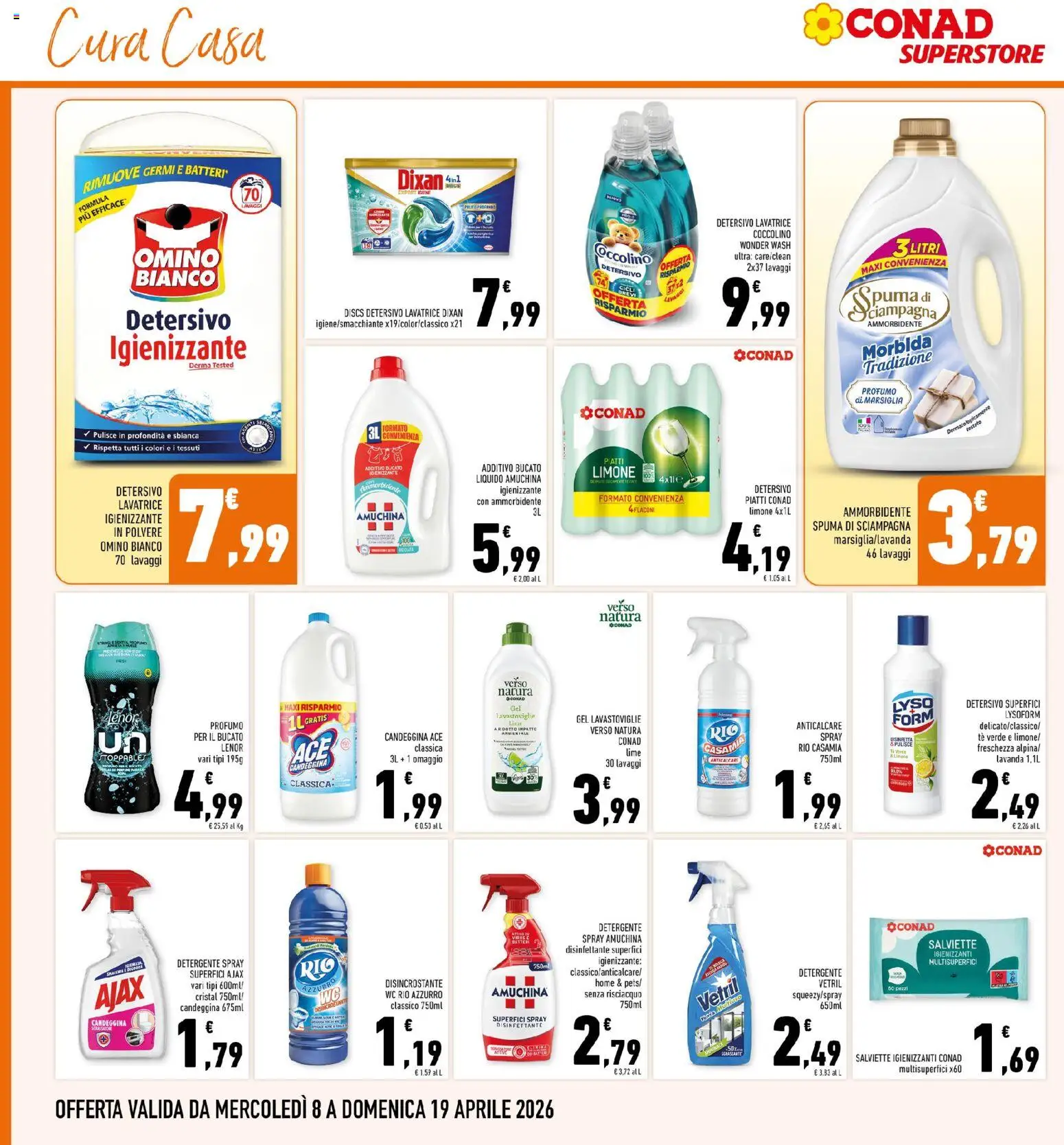 Volantino Conad del 08.04.2026 | Pagina: 30 | Prodotti: Salviette igienizzanti, Detergente, Lavastoviglie, WC
