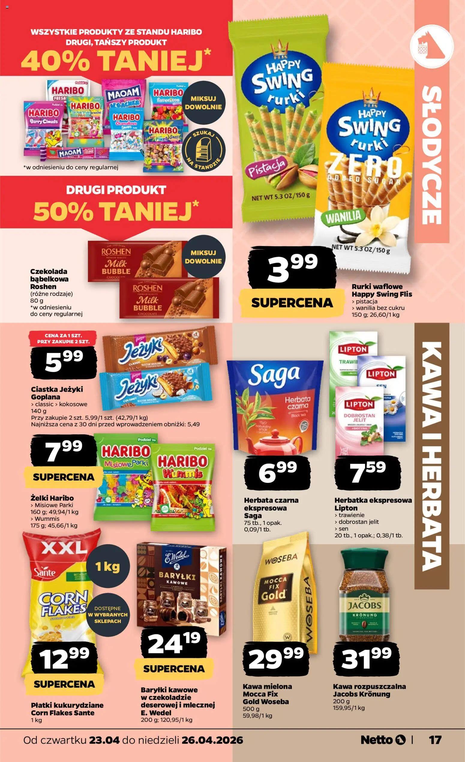Netto gazetka od czwartku spożywcza od 23.04.2026 | Strona: 17 | Produkty: Słodycze, Kawa rozpuszczalna, Płatki kukurydziane, Kawa