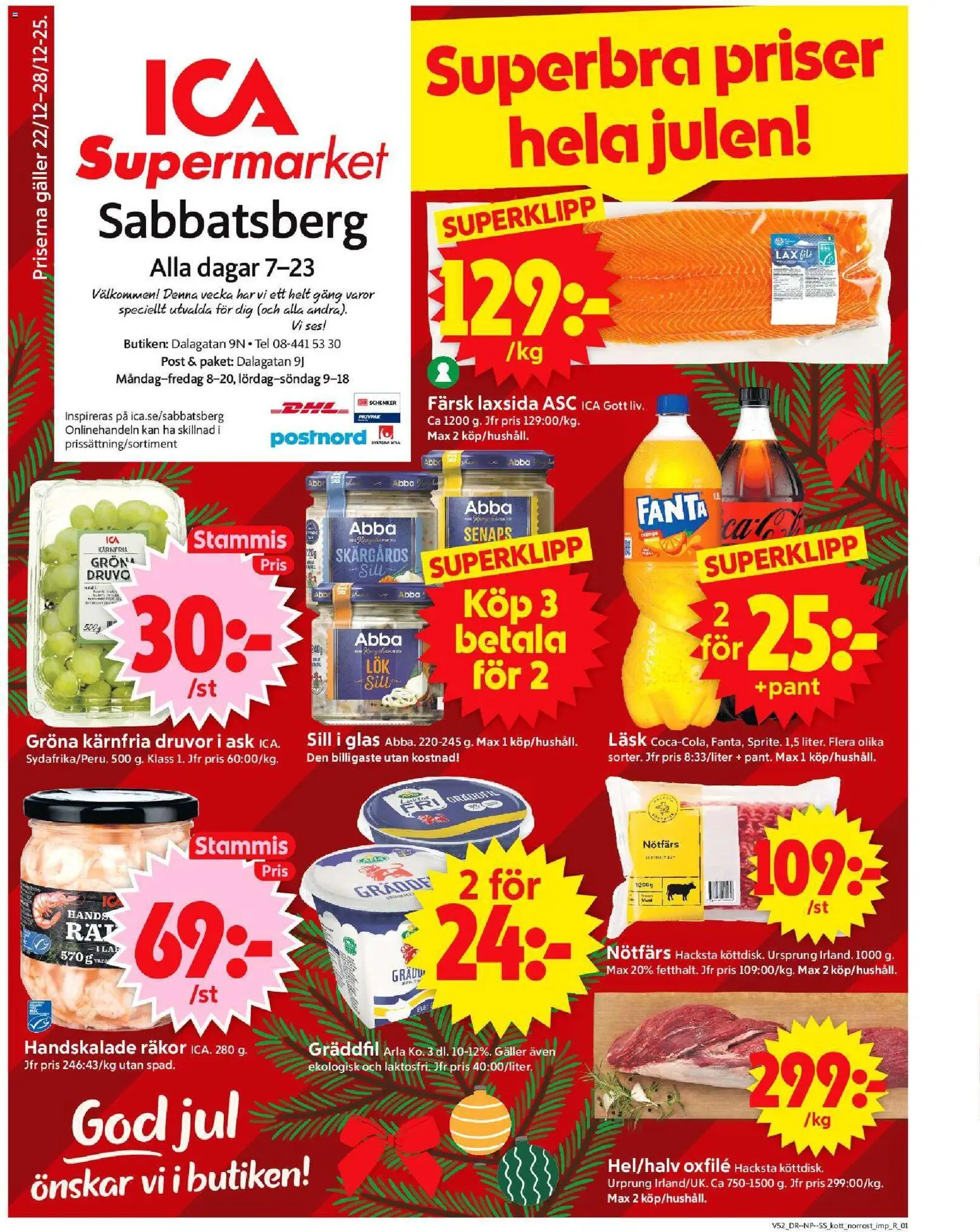ICA Supermarket reklamblad aktuell från 22.12.2025 | Sida: 1 | Produkter: Nötfärs, Sill, Räkor, Lax