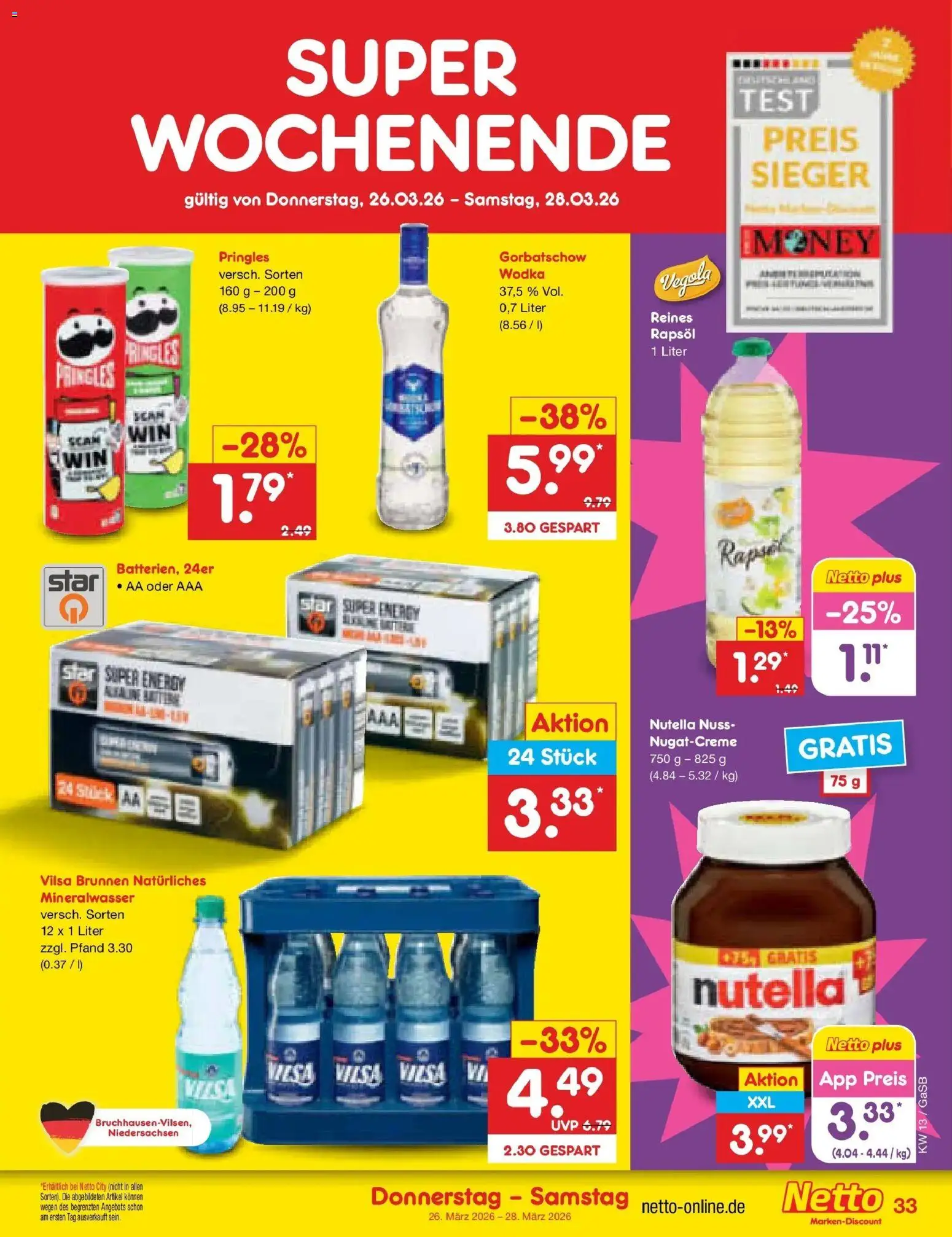 Netto Marken-Discount Prospekt Bremen-Lesum	 – gültig ab 23.03.2026 | Seite: 47 | Produkte: Rapsöl, Mineralwasser, Nutella, Pringles