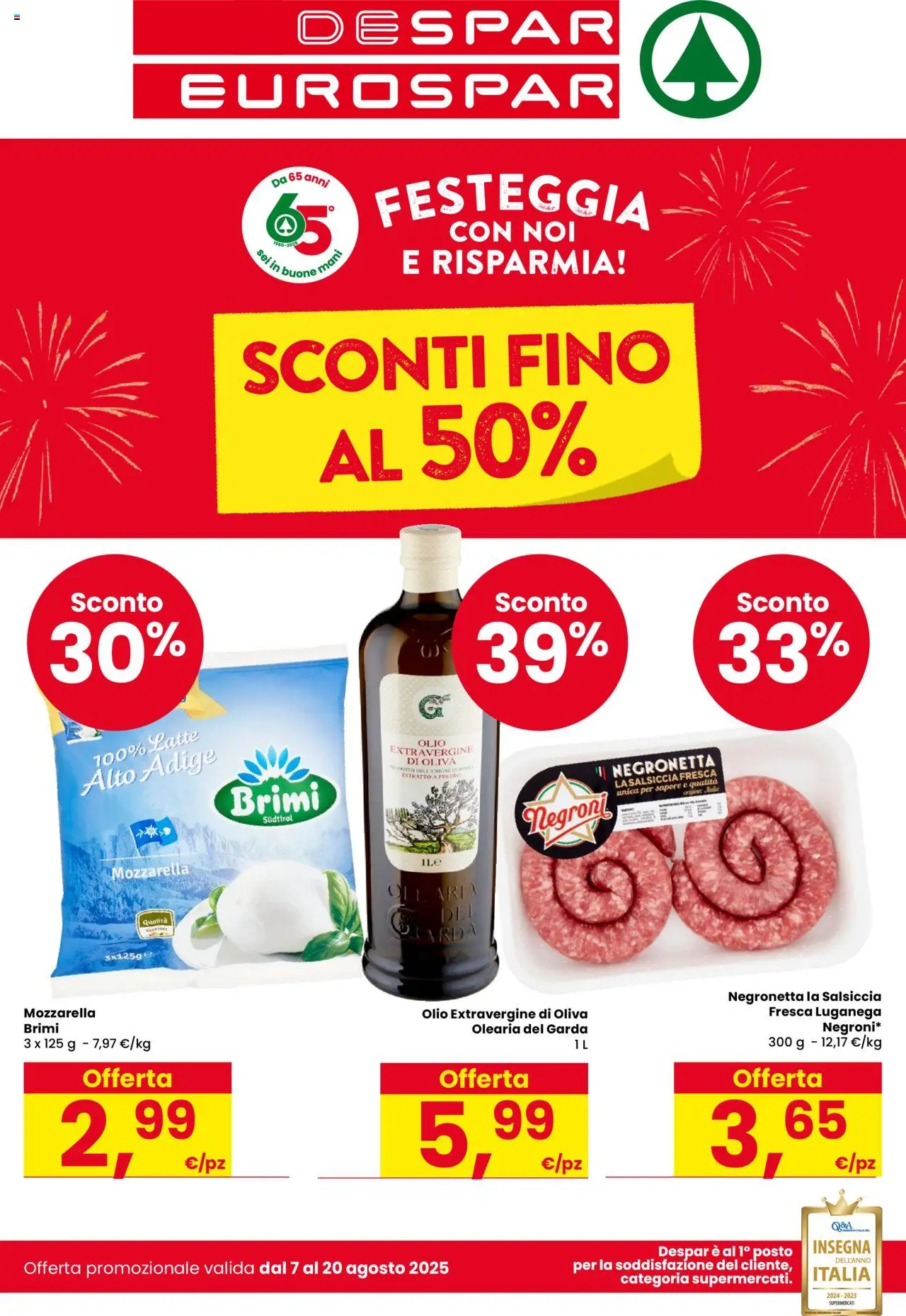 Volantino Despar del 07.08.2025 | Pagina: 1 | Prodotti: Mozzarella, Latte, Olio, Salsiccia