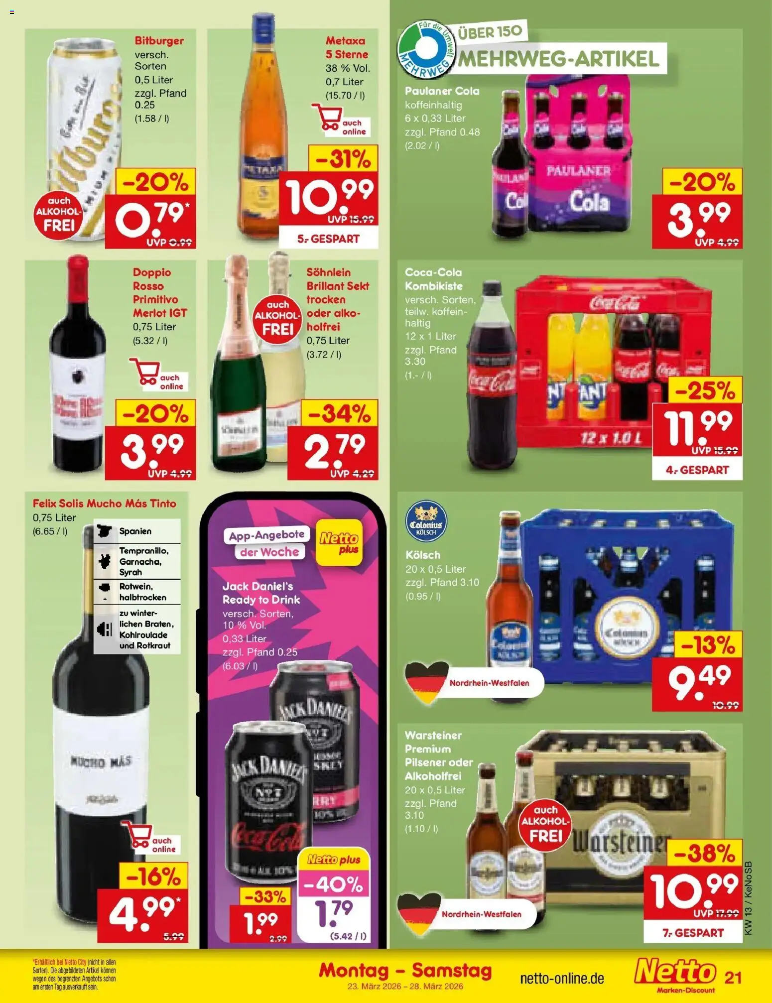 Netto Marken-Discount Prospekt Bonn	 – gültig ab 23.03.2026 | Seite: 23 | Produkte: Merlot, Jack Daniel's, Metaxa, Paulaner
