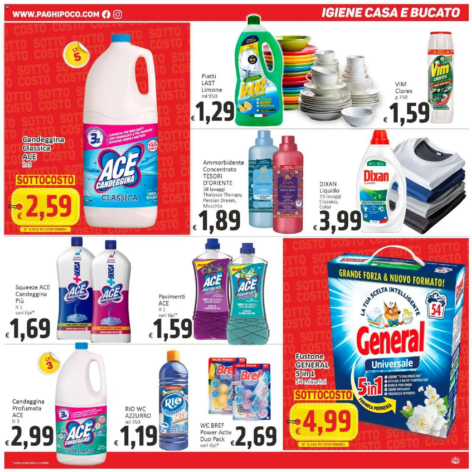 Volantino Paghi Poco del 30.01.2026 | Pagina: 19 | Prodotti: Ammorbidente, Candeggina, Limone, Scaffale