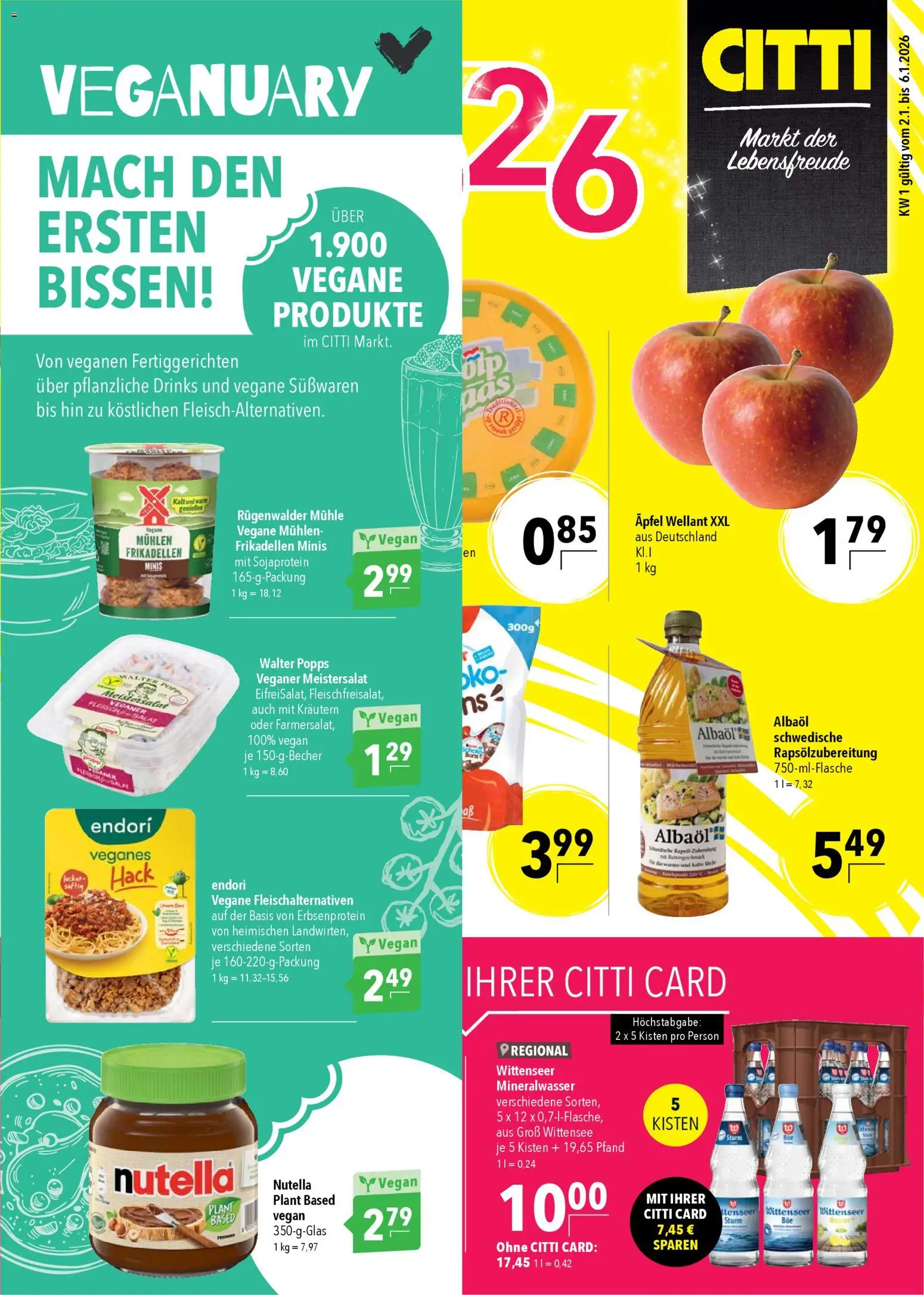 CITTI Markt Prospekt 	 – gültig ab 02.01.2026 | Seite: 1 | Produkte: Mühle, Äpfel, Mineralwasser, Nutella