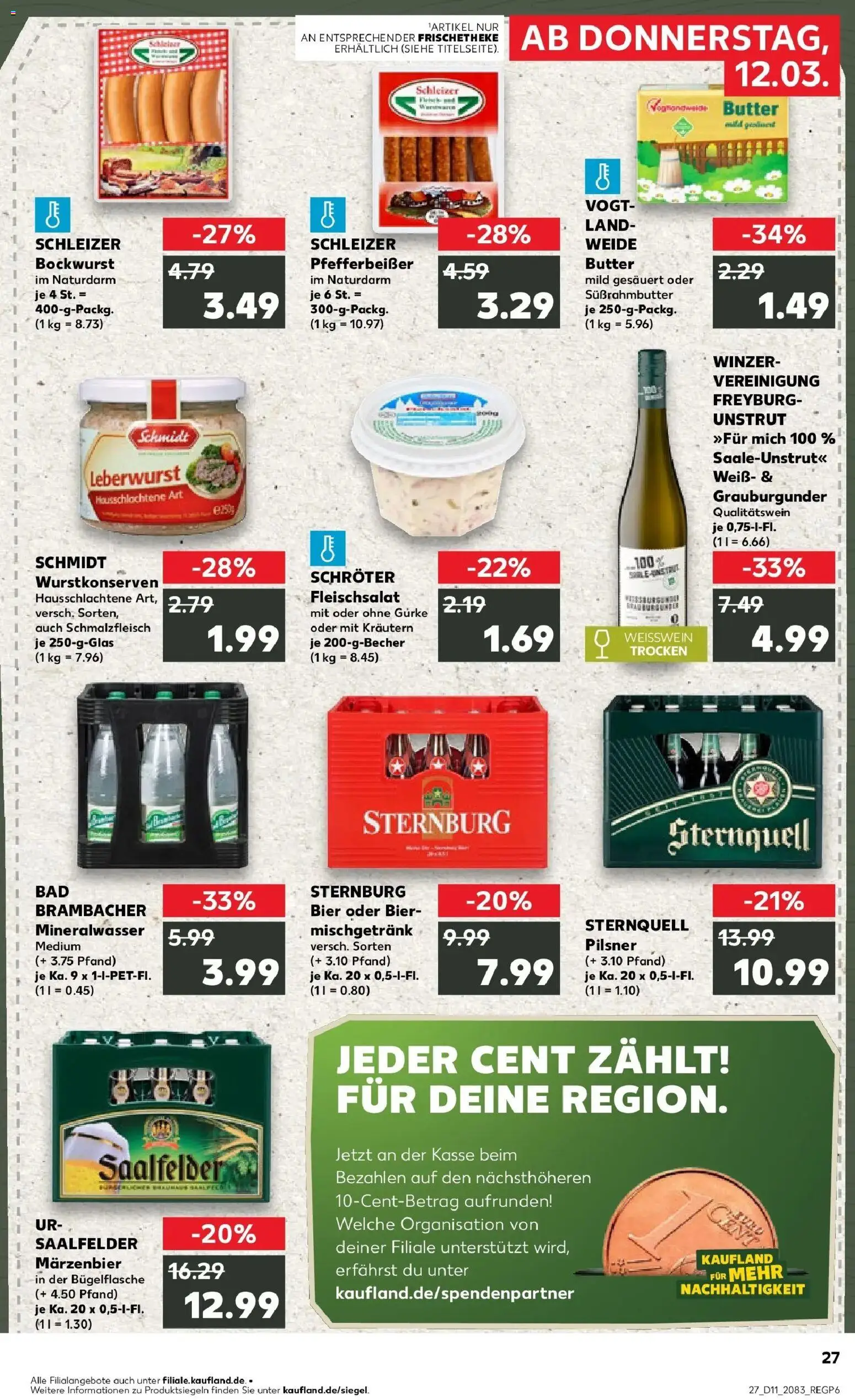Kaufland Prospekt Schleiz	 – gültig ab 12.03.2026 | Seite: 27 | Produkte: Bockwurst, Weißwein, Bad, Mineralwasser
