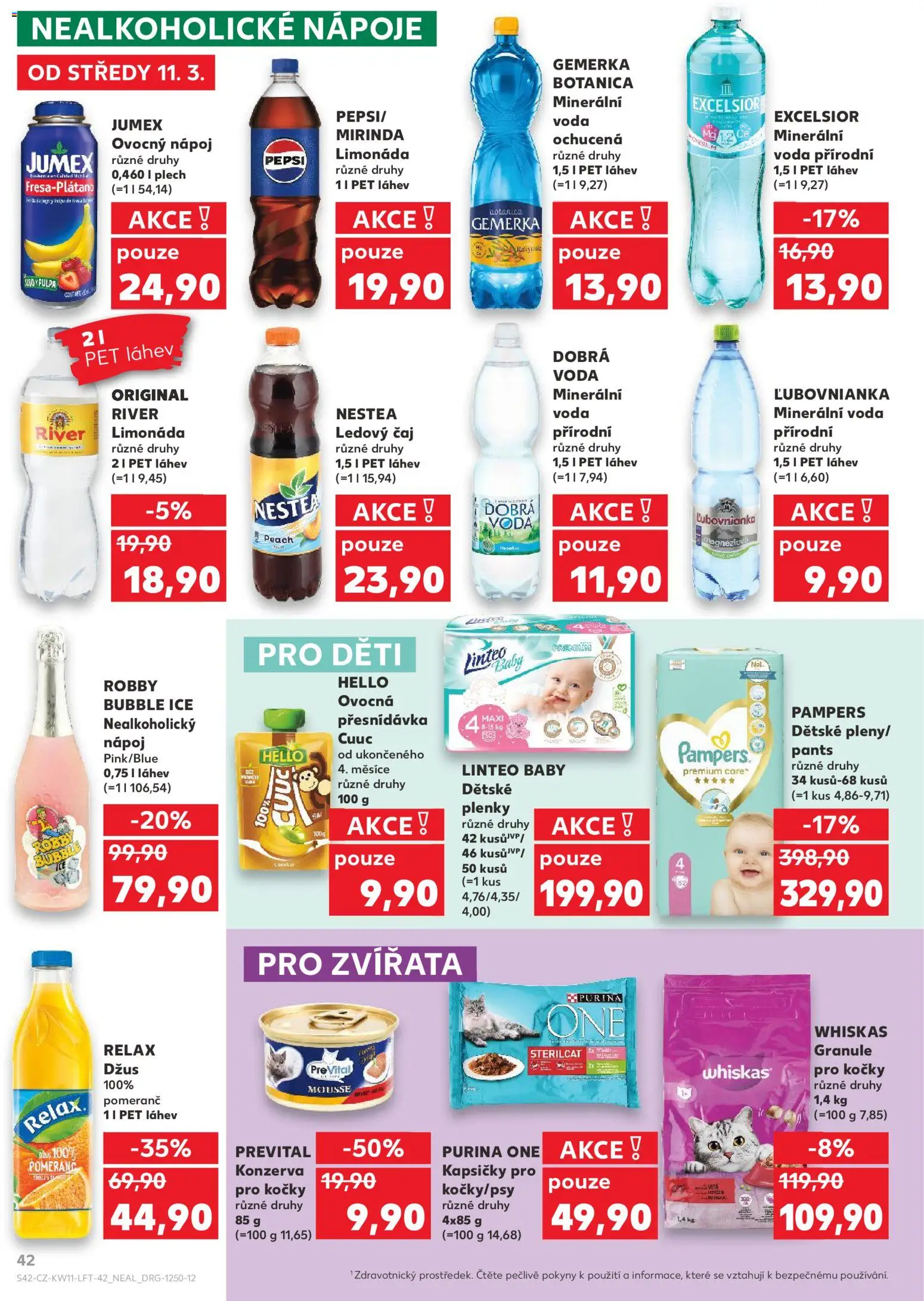 Kaufland leták od 11.03.2026 | Strana: 42 | Produkty: Dobrá voda, Purina, Pampers, Konzerva pro kočky