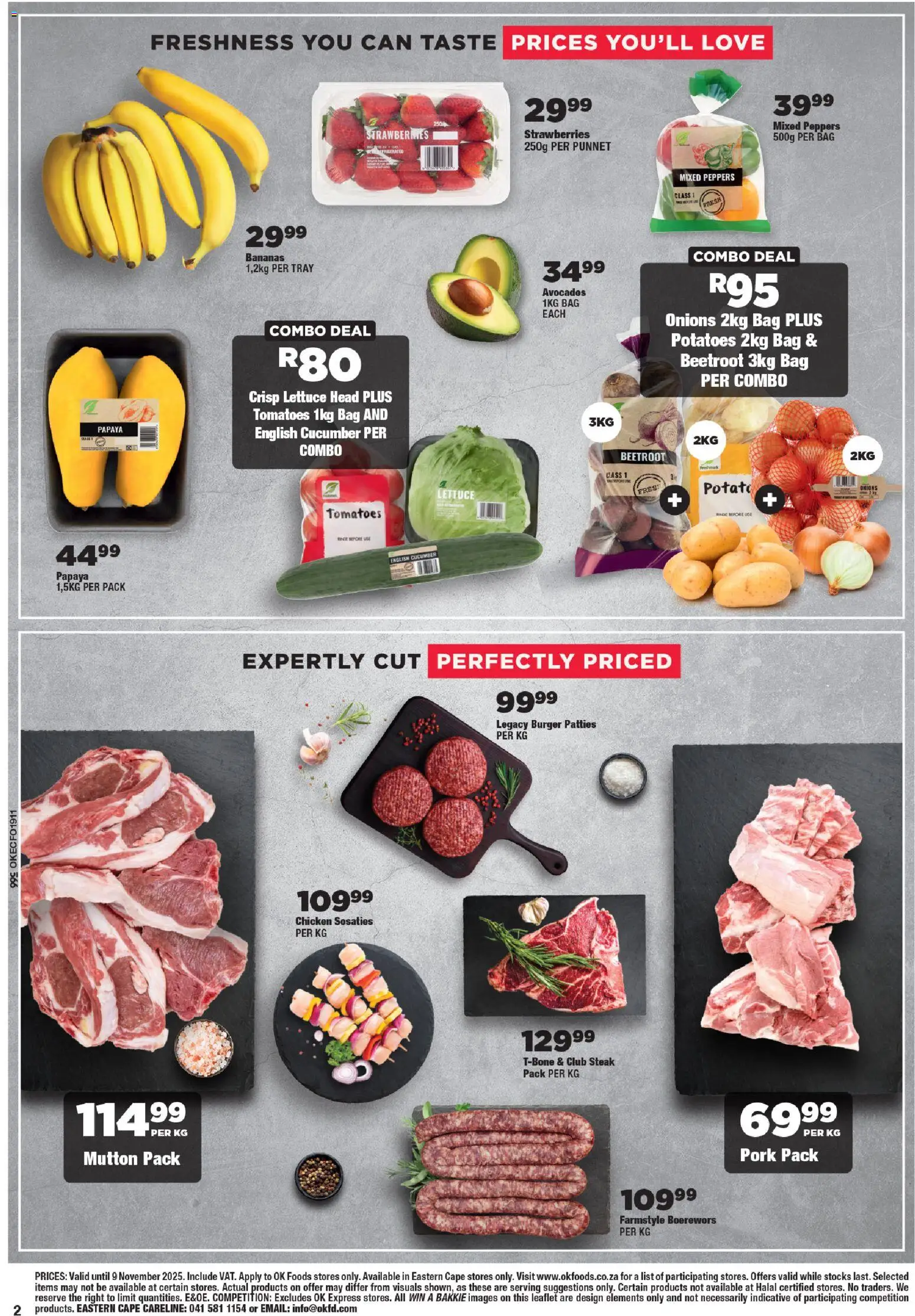 New OK Foods catalogue – valid from 24.10.2025 | Page: 2 | Products: Boerewors, Pork, Strawberries, Potatoes