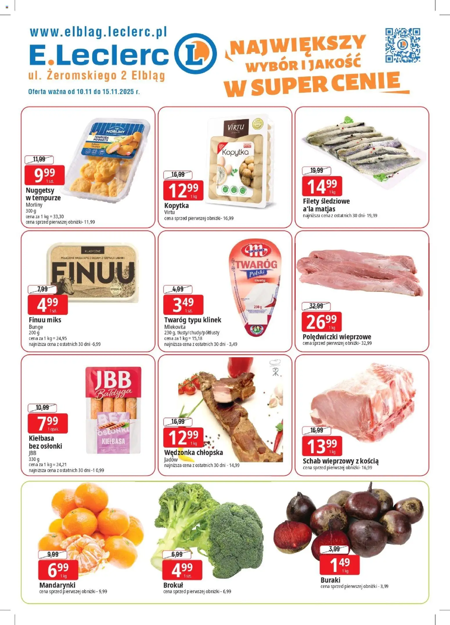 E.Leclerc Gazetka - Elbląg od 10.11.2025 | Strona: 1 | Produkty: Kiełbasa, Tempura, Brokuł, Kopytka