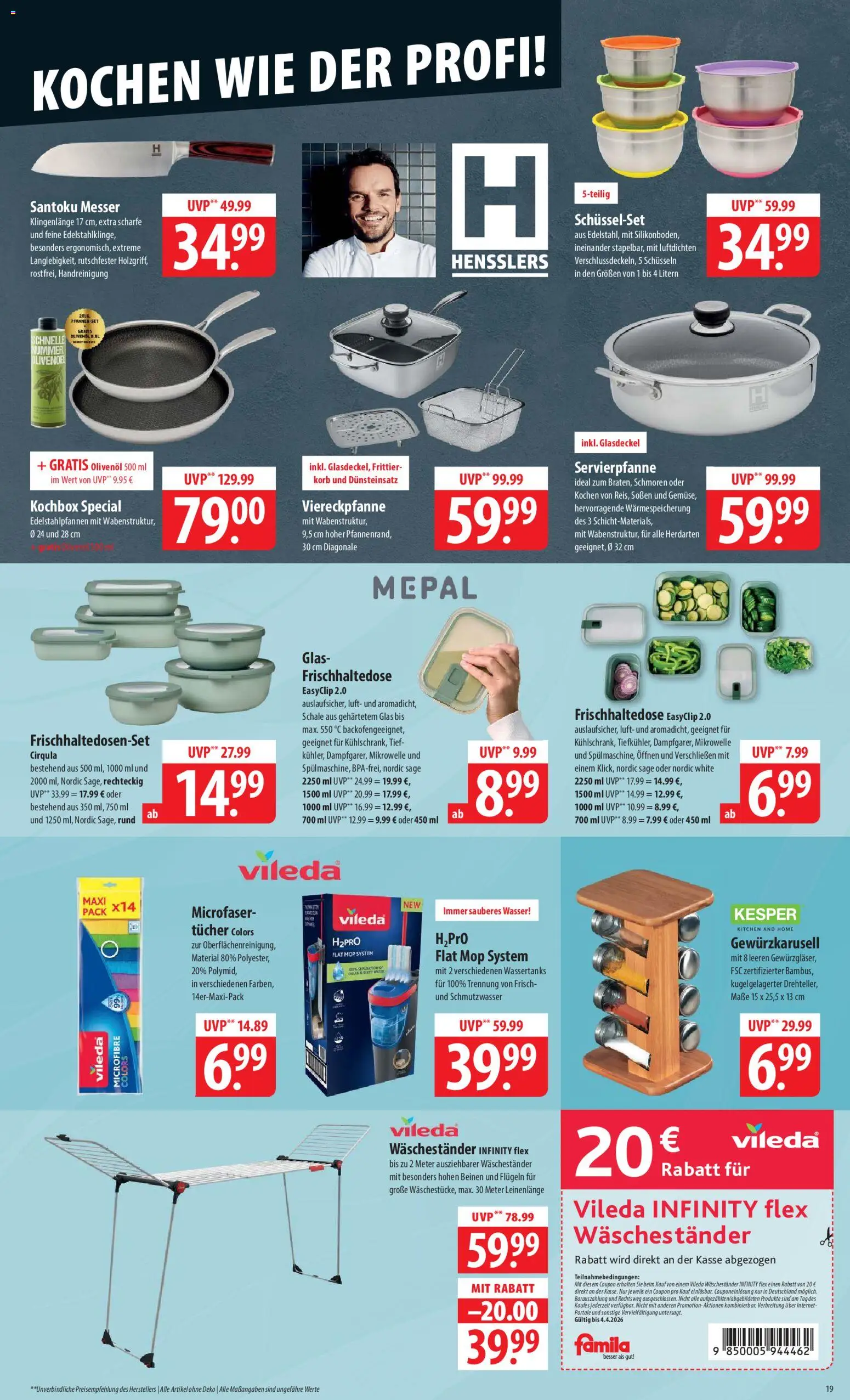 Famila Prospekt 	 – gültig ab 30.03.2026 | Seite: 19 | Produkte: Mikrowelle, Olivenol, Korb, Wasser