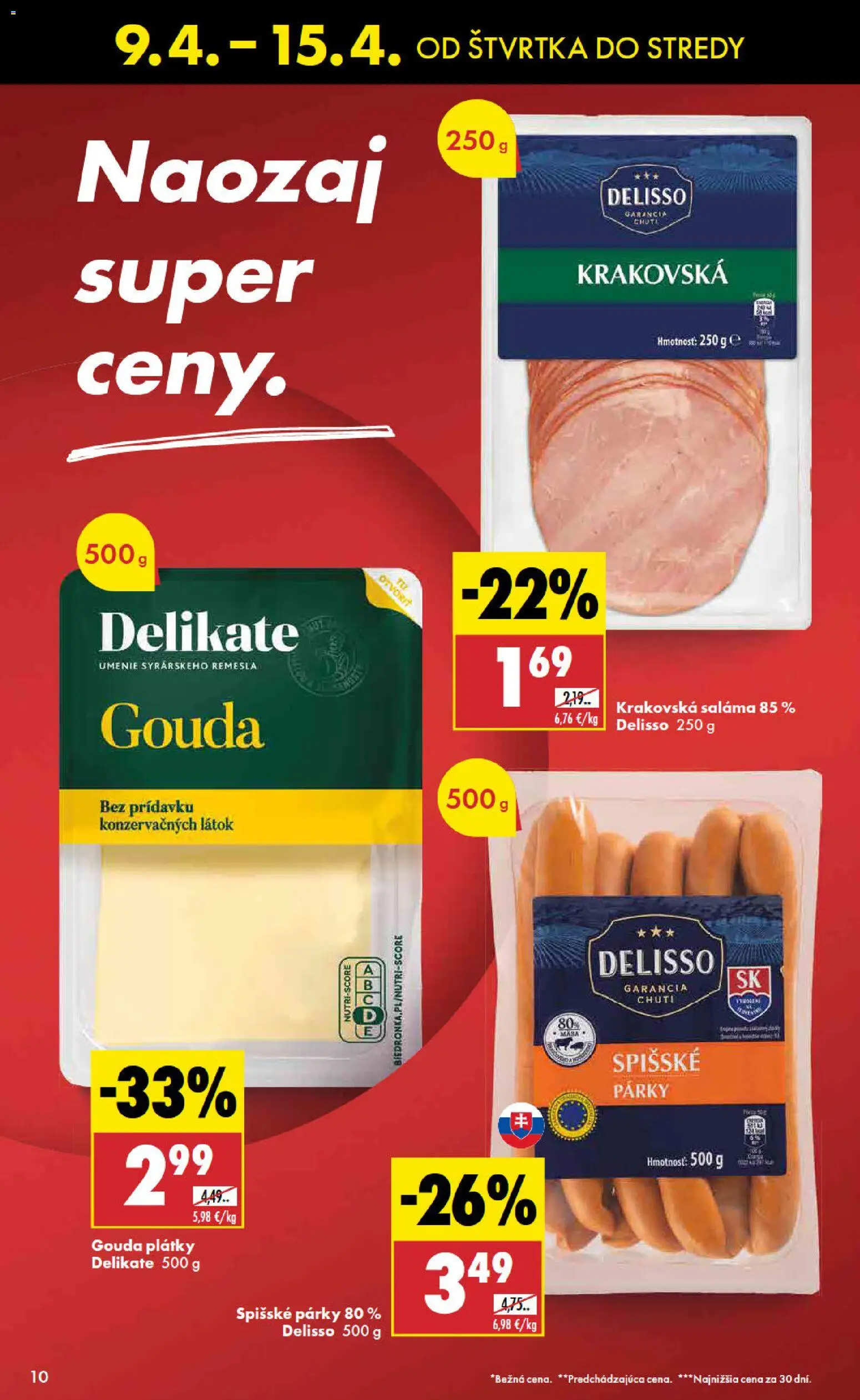 Nové Biedronka akcie – leták je platný od 09.04.2026 | Strana: 10 | Produkty: Saláma, Gouda, Párky