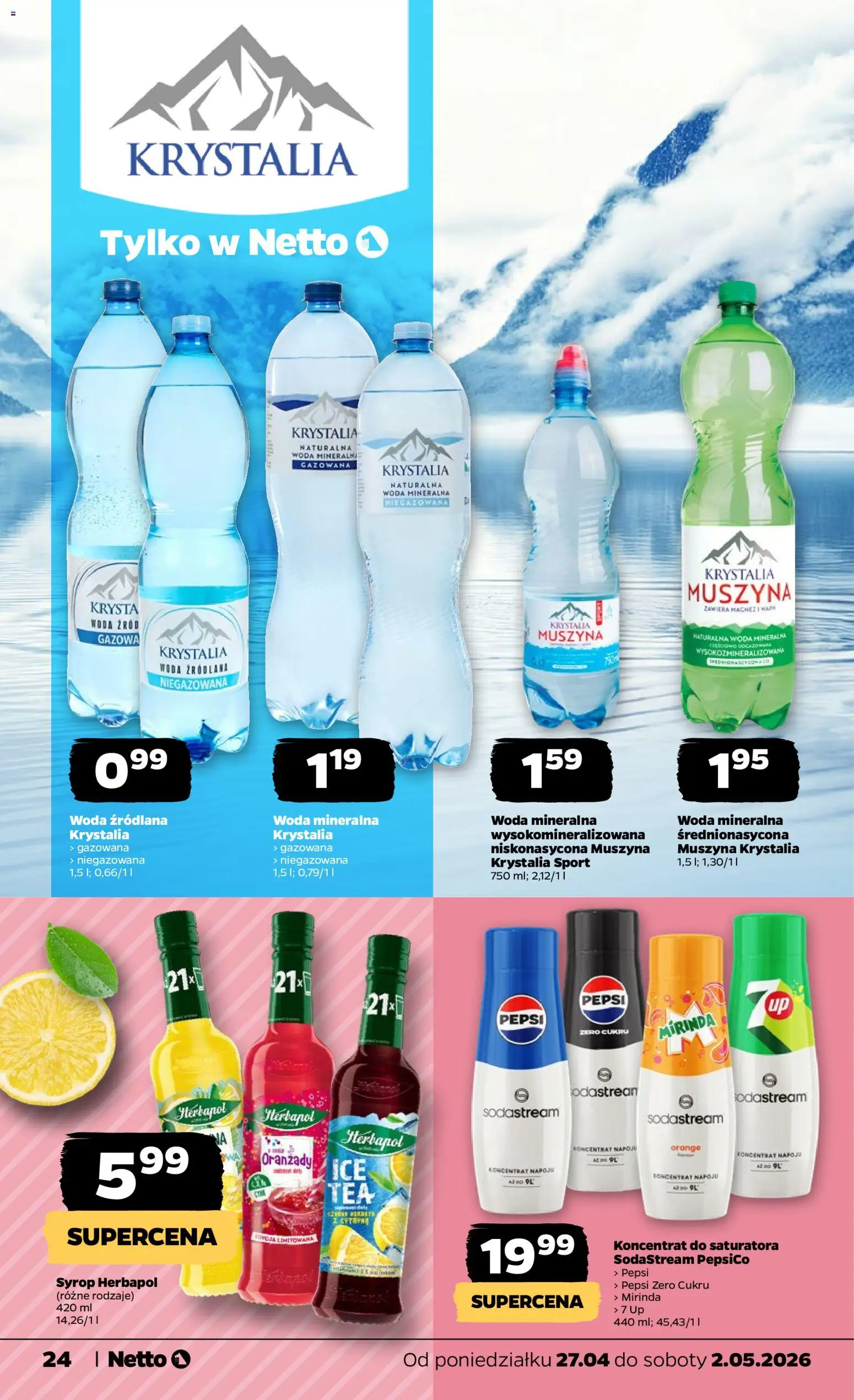 Netto gazetka od poniedziałku spożywcza od 27.04.2026 | Strona: 24 | Produkty: Syrop, Woda źródlana, Pepsi, Sodastream