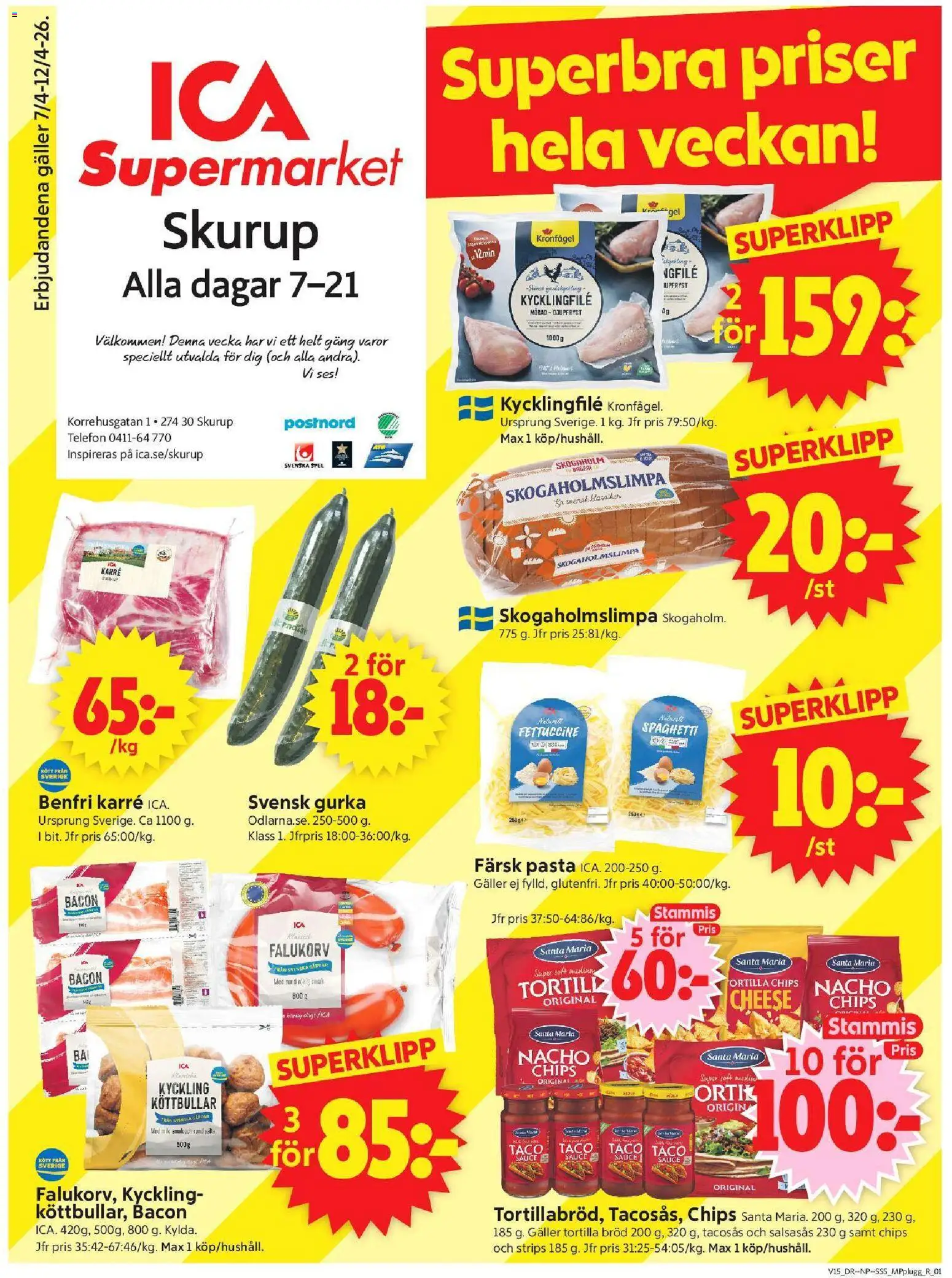 ICA Supermarket reklamblad aktuell från 06.04.2026 | Sida: 1 | Produkter: Bacon, Galler, Bröd, Pasta