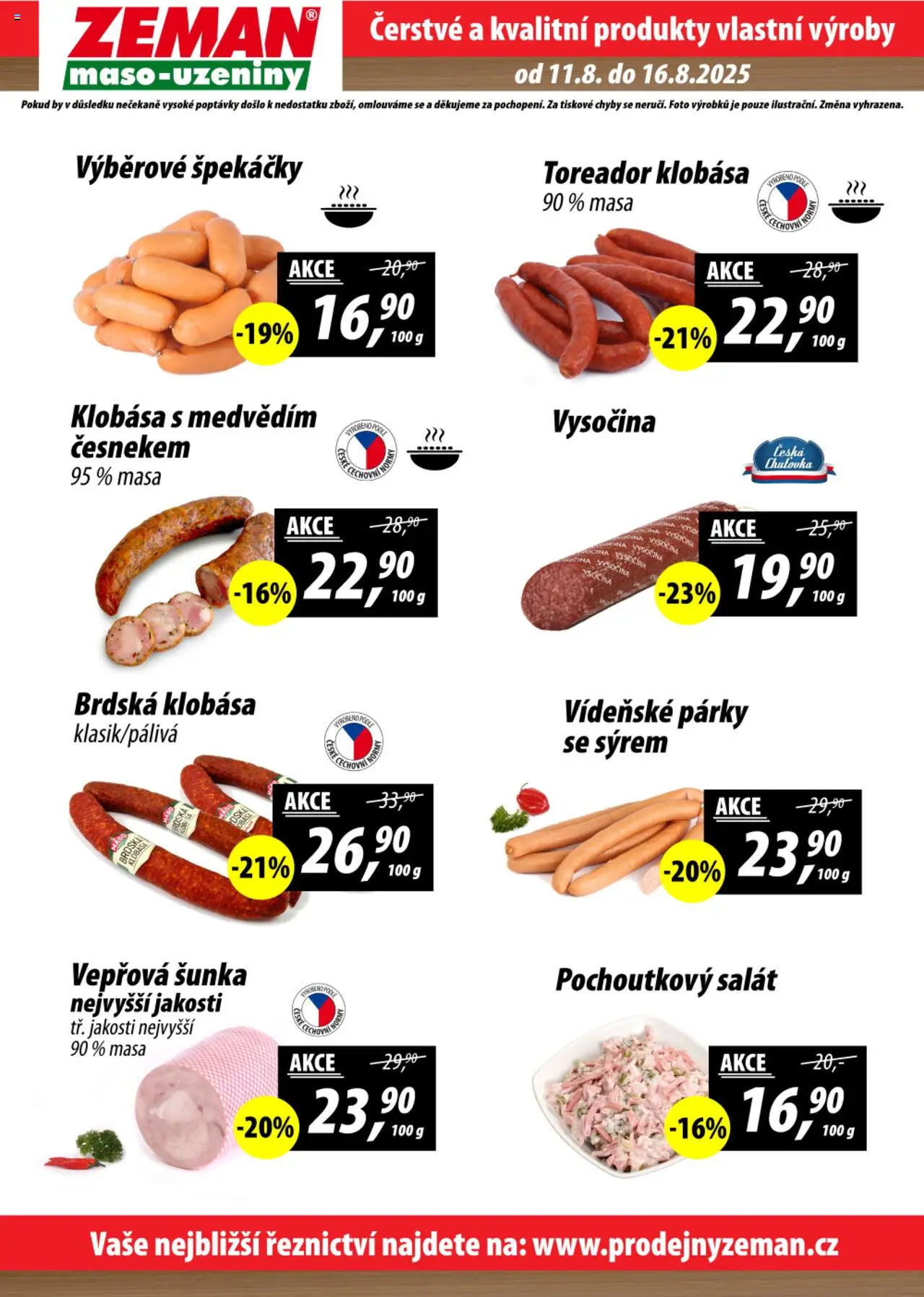 Prodejny Zeman leták od 11.08.2025 | Strana: 2 | Produkty: Šunka, Vídeňské párky, Špekáčky, Salát