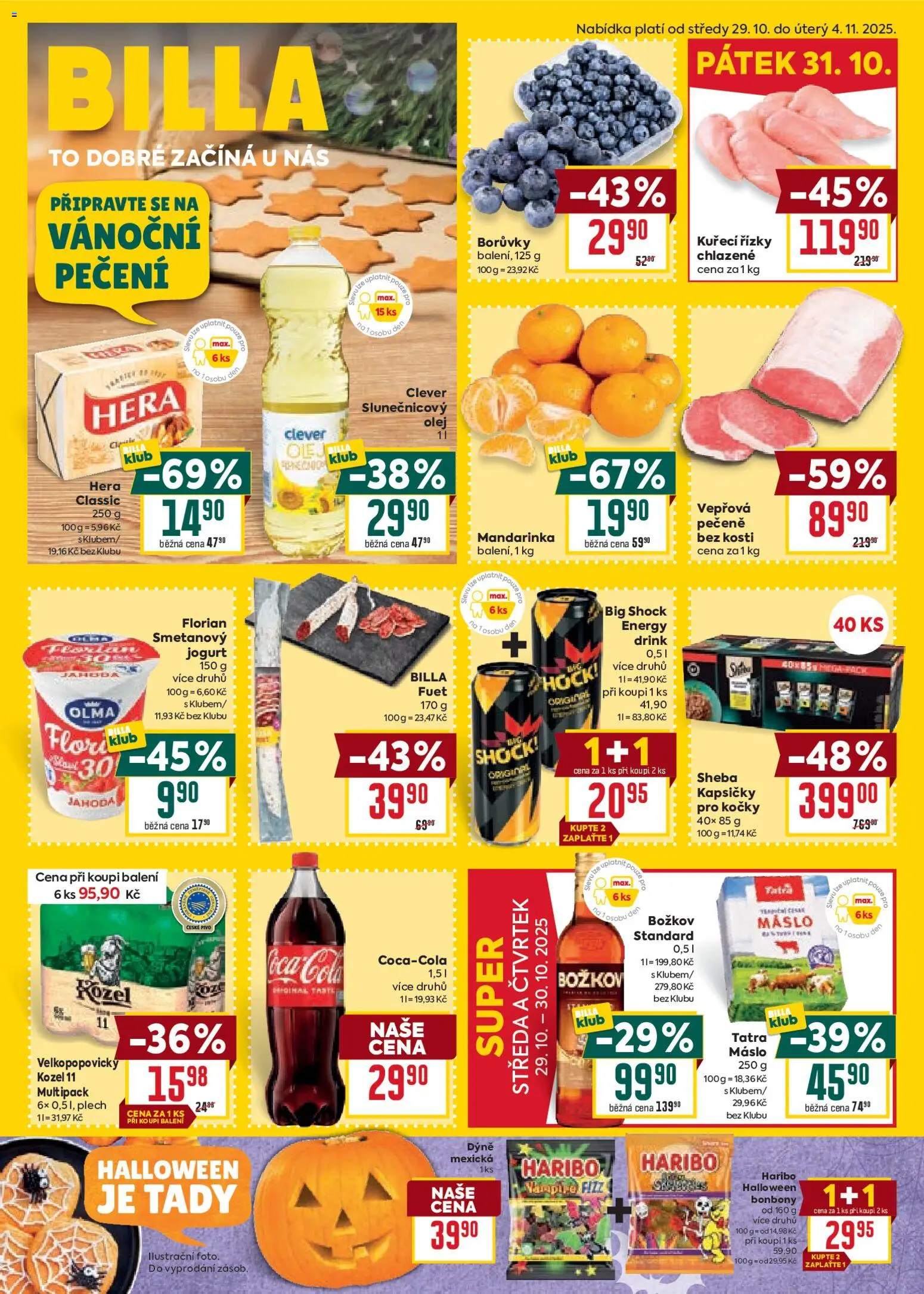 Billa Velký leták od 29.10.2025 | Strana: 1 | Produkty: Máslo, Jogurt, Olej, Fuet