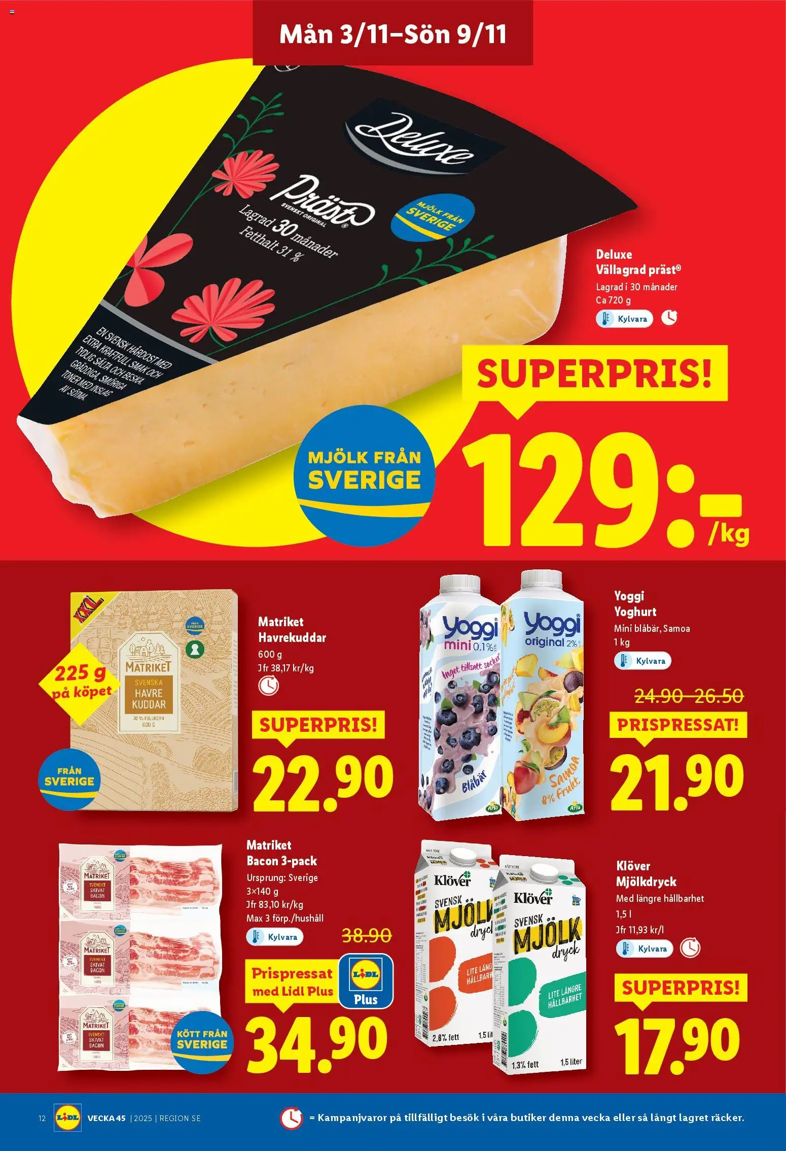 Lidl reklamblad aktuell från 03.11.2025 | Sida: 12 | Produkter: Bacon, Mjölk, Yoghurt, Blåbär