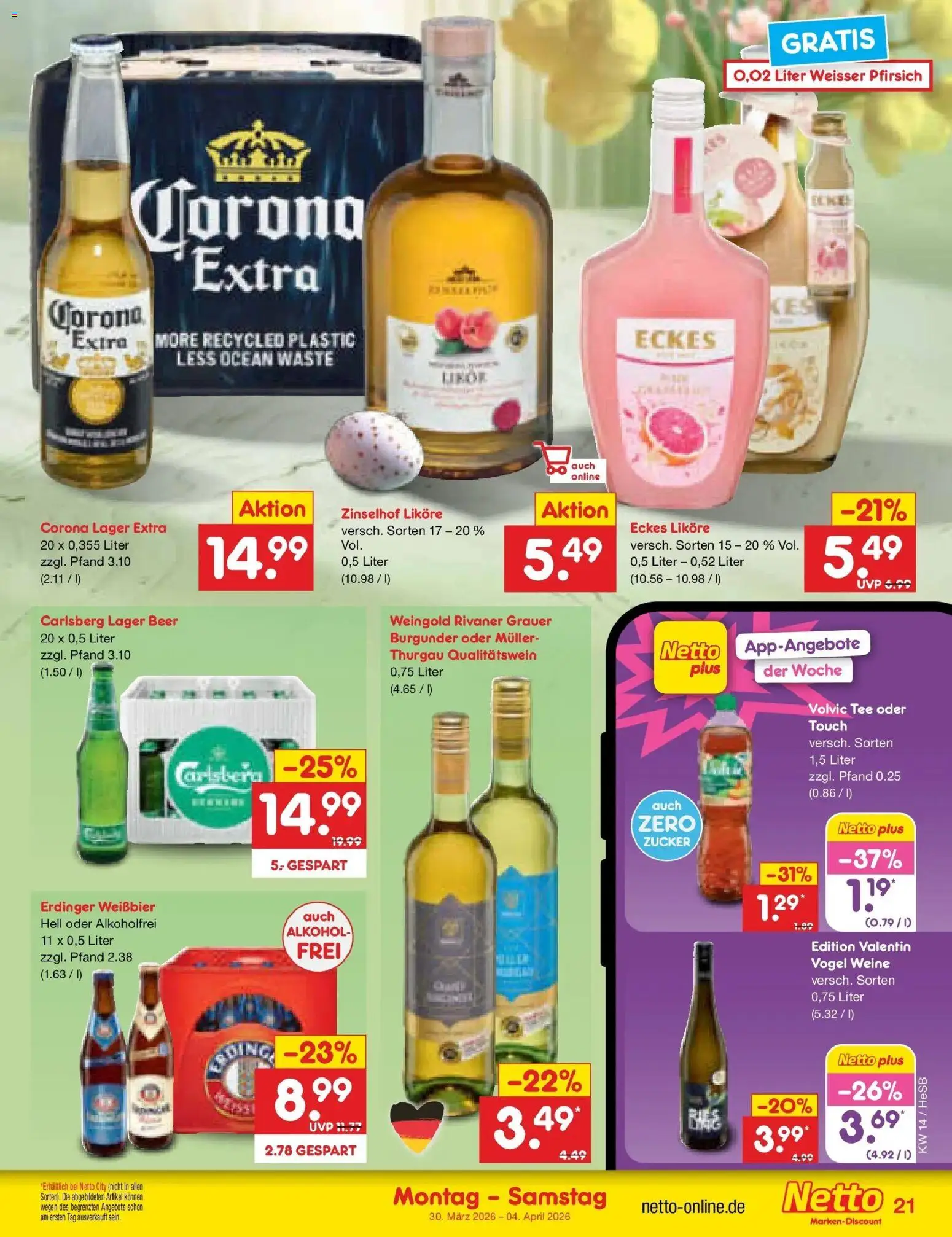 Netto Marken-Discount Prospekt Kröpelin	 – gültig ab 30.03.2026 | Seite: 23 | Produkte: Erdinger, Volvic tee, Zucker, Pfirsich