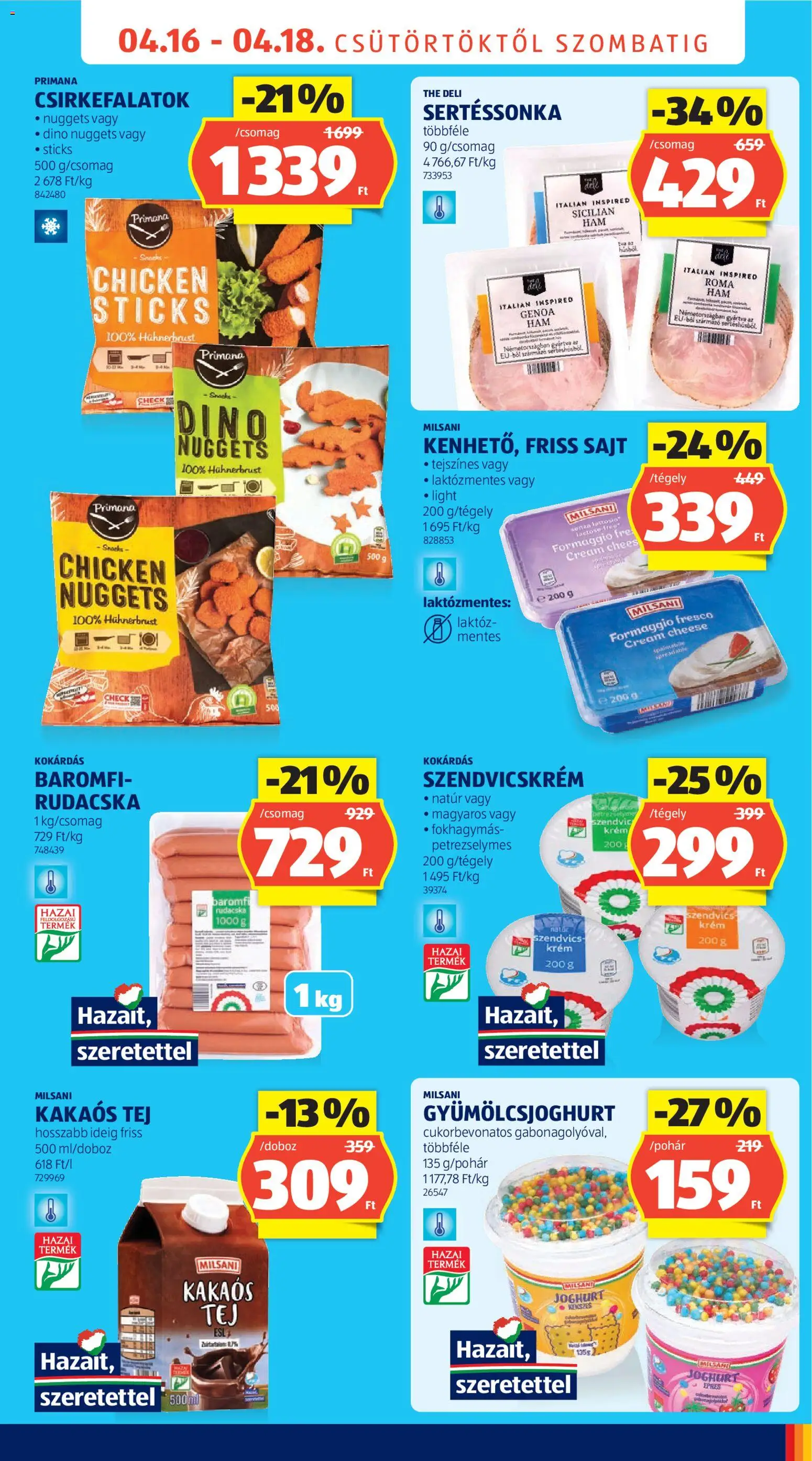 Aldi akciós ujság - amely érvényes a következő dátumtól: 16.04.2026 | Oldal: 5 | Termékek: Szendvicskrém, Nuggets, Kakaós tej, Gyümölcsjoghurt