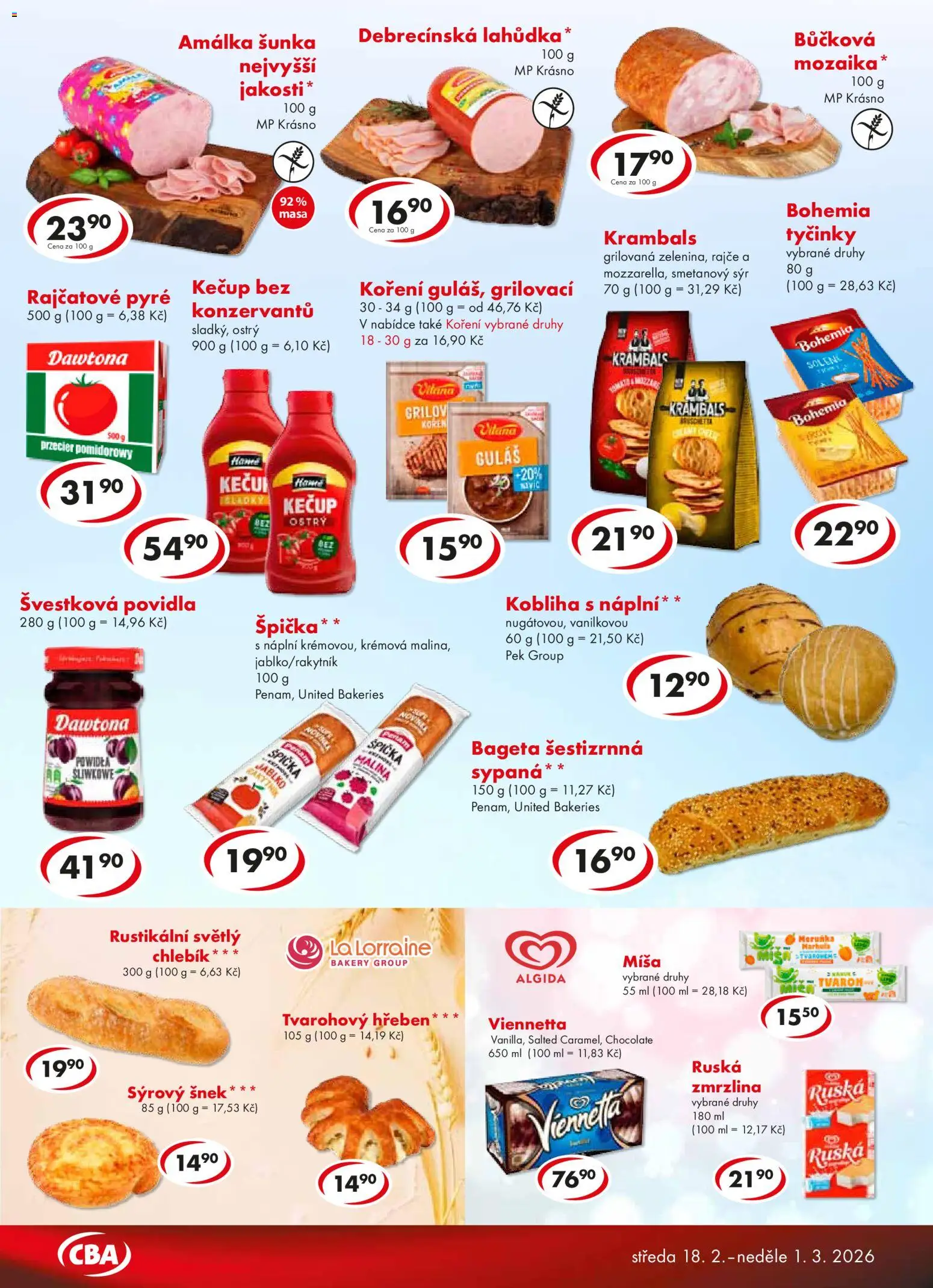 CBA leták od 18.02.2026 | Strana: 3 | Produkty: Šunka, Povidla, Bageta, Hřeben