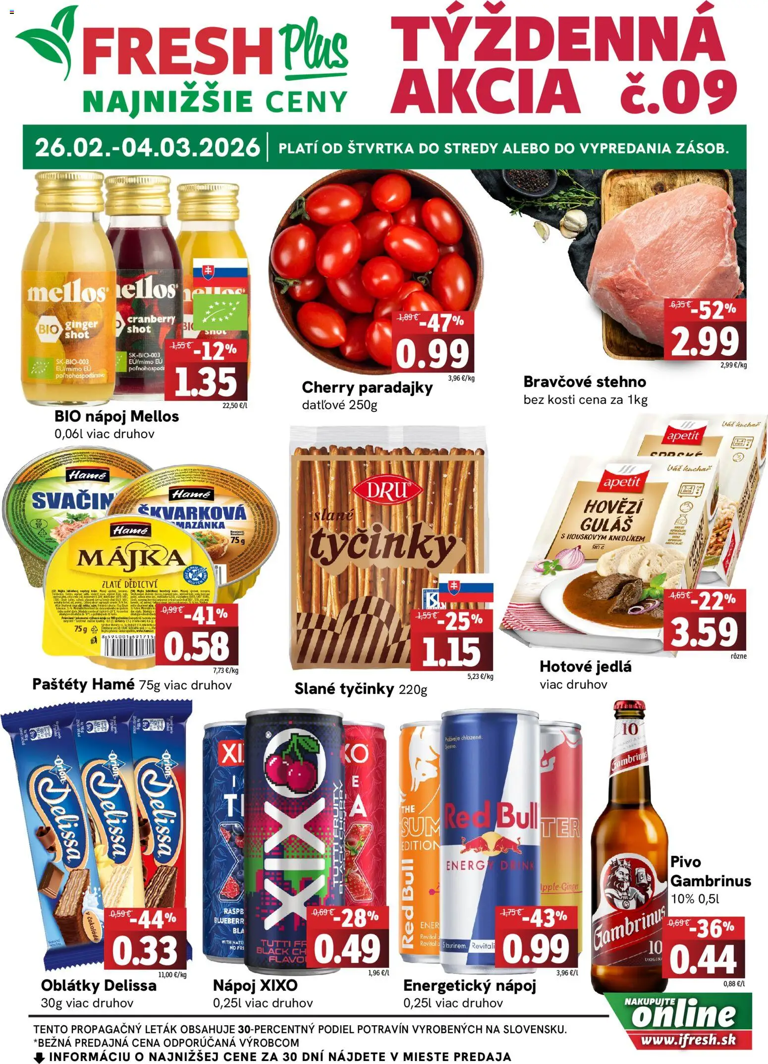 Nové Fresh akcie – leták je platný od 26.02.2026 | Strana: 1 | Produkty: Pivo, Paradajky, Bravčové stehno, Cherry paradajky