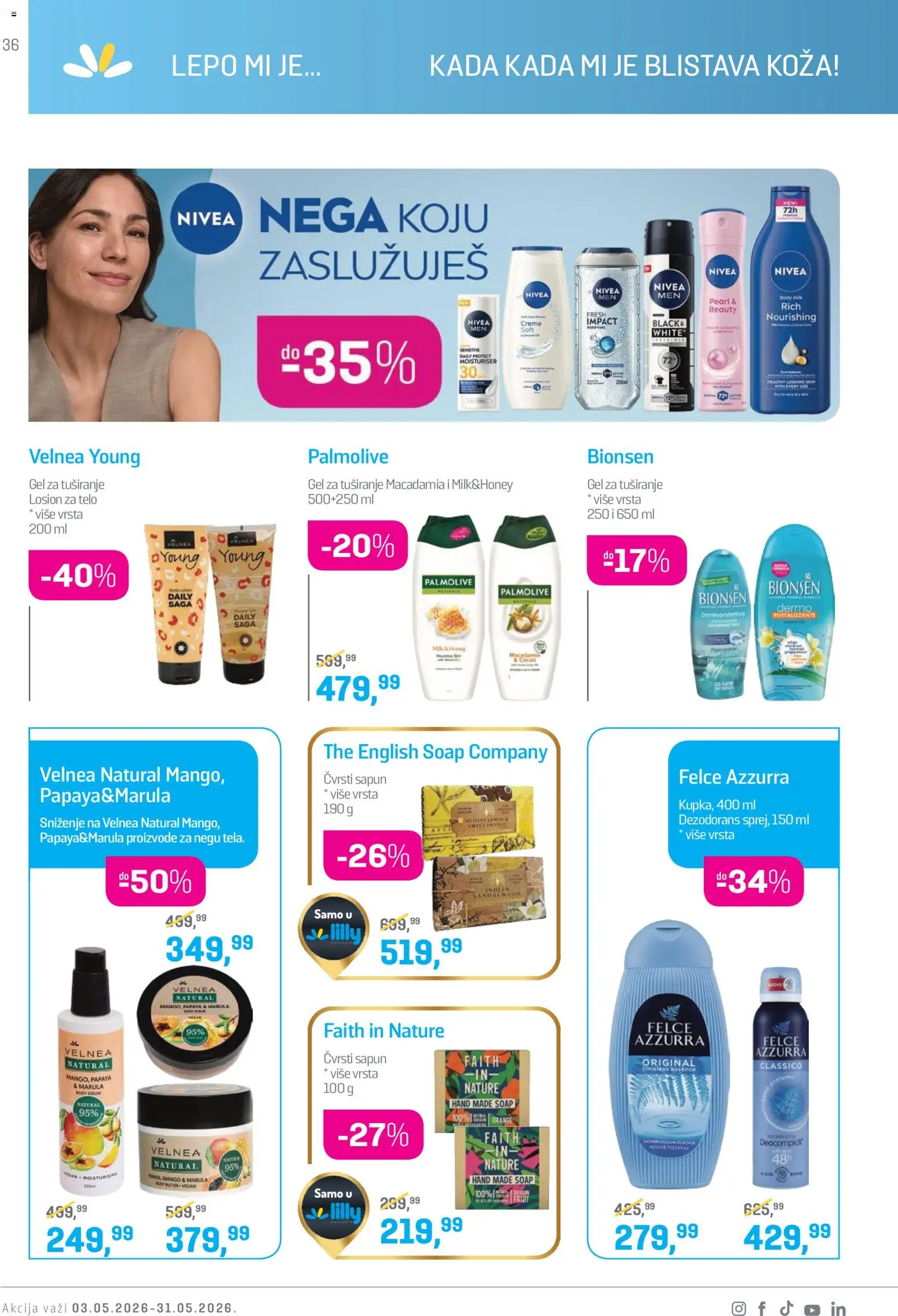 Lilly drogerie katalog - važi od 01.05.2026 | Strana: 36 | Proizvode: Palmolive, Nivea, Sapun, Dezodorans