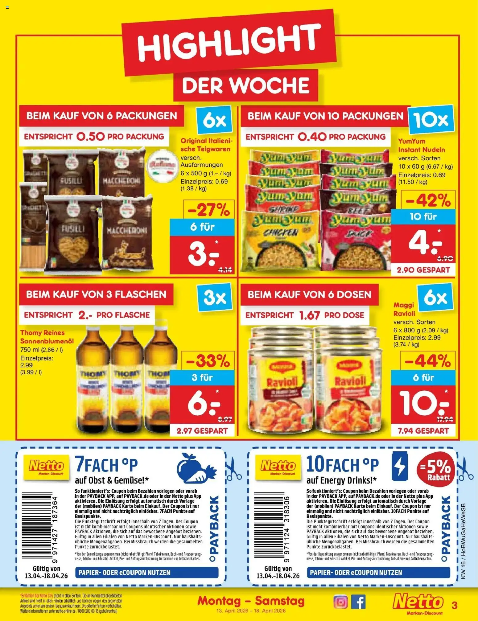Netto Marken-Discount Prospekt Bremen-Lesum	 – gültig ab 13.04.2026 | Seite: 3 | Produkte: Maggi, Sonnenblumenol, Gemüse, Nudeln