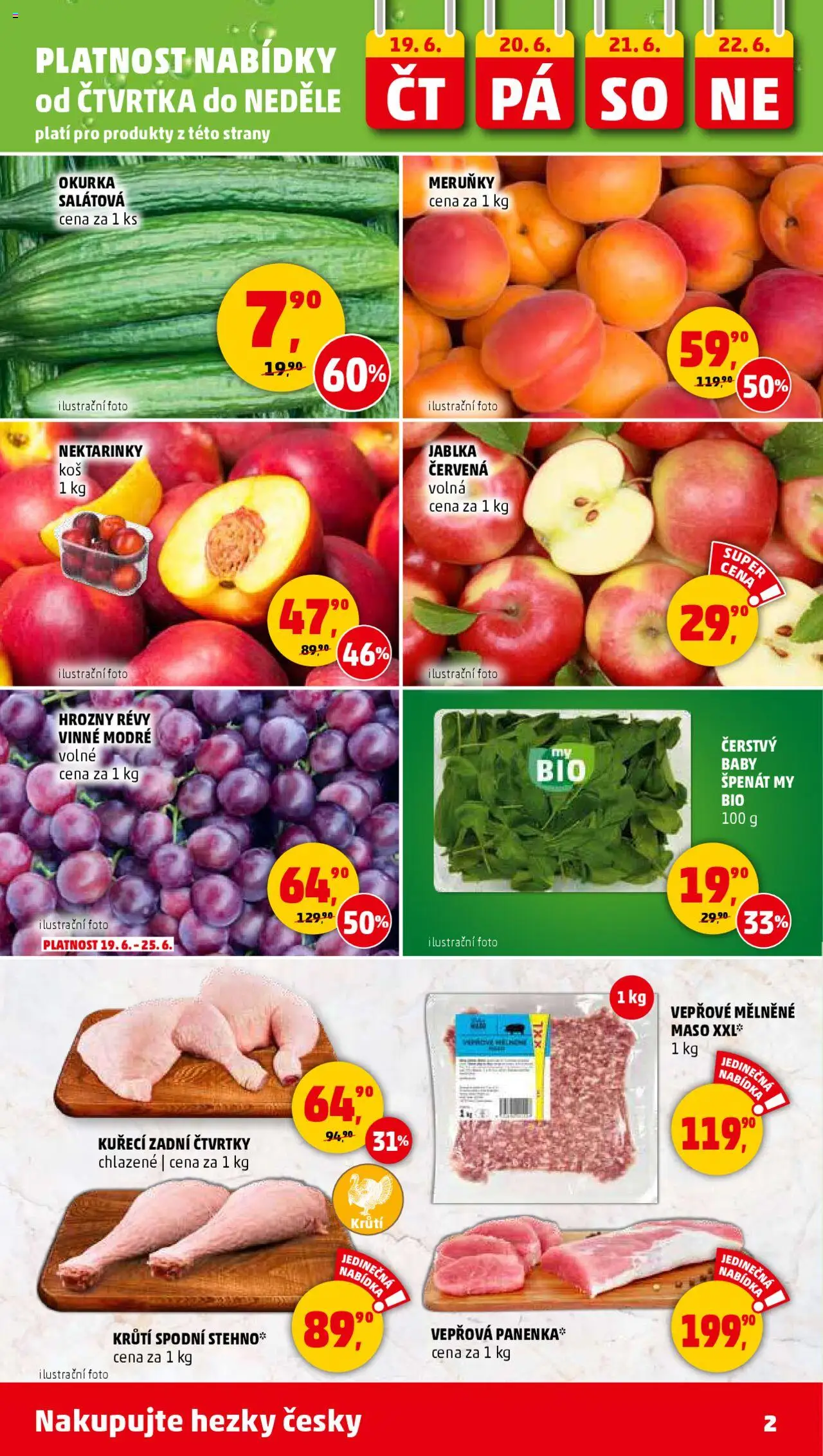 Penny Market leták - Čtvrtečník od 19.06.2025 | Strana: 2 | Produkty: Panenka, Vepřová panenka, Špenát, Meruňky