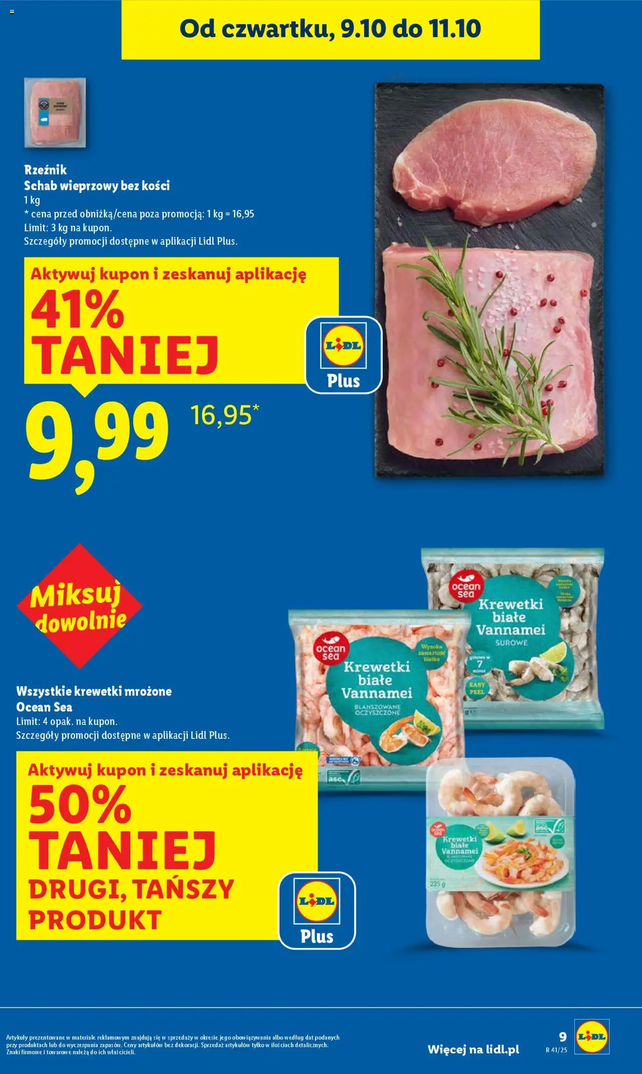 Lidl Gazetka od 09.10.2025 | Strona: 9 | Produkty: Schab wieprzowy, Krewetki, Krewetki białe, Krewetki mrożone