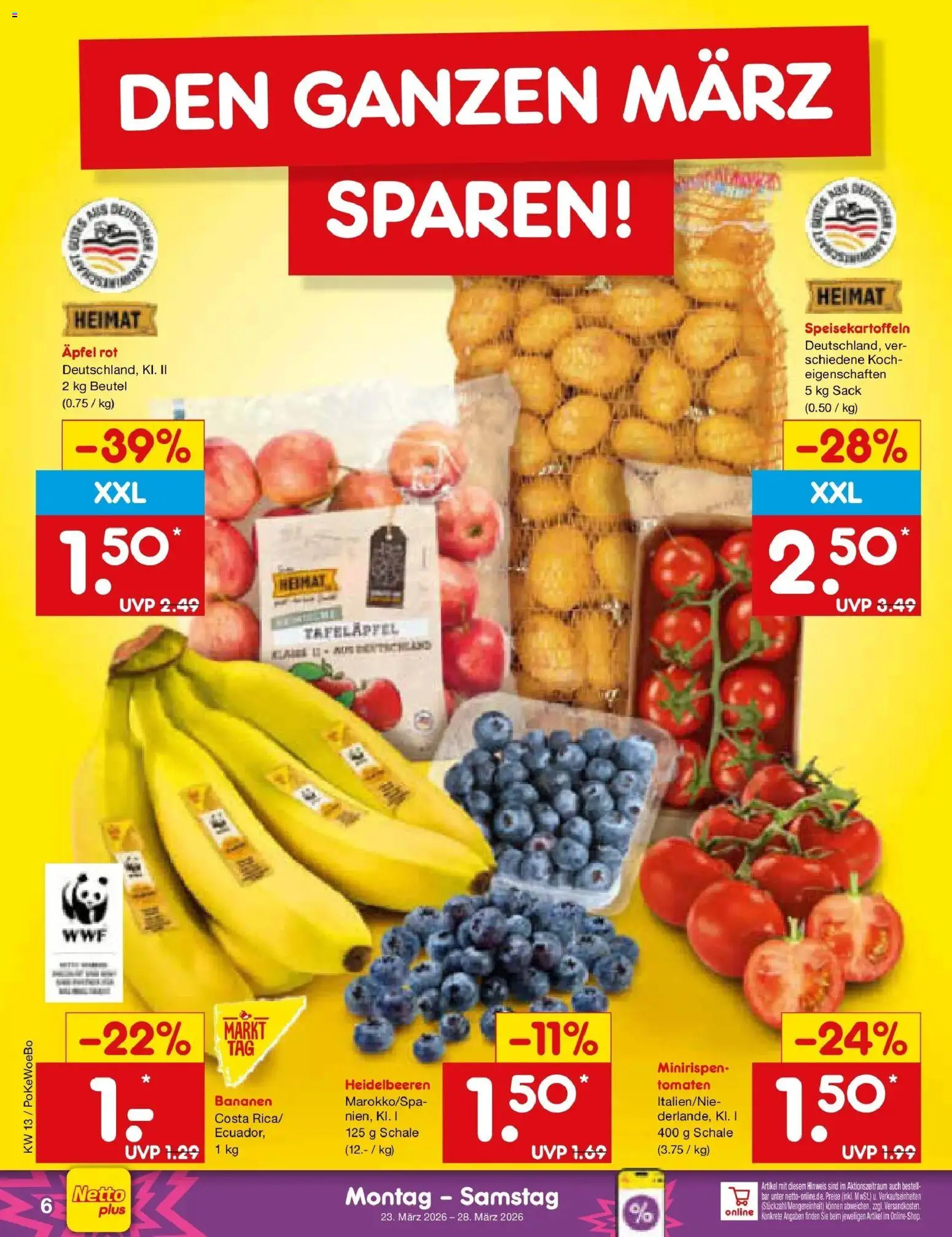 Netto Marken-Discount Prospekt Selb	 – gültig ab 23.03.2026 | Seite: 6 | Produkte: Äpfel, Bananen, Tomaten, Heidelbeeren
