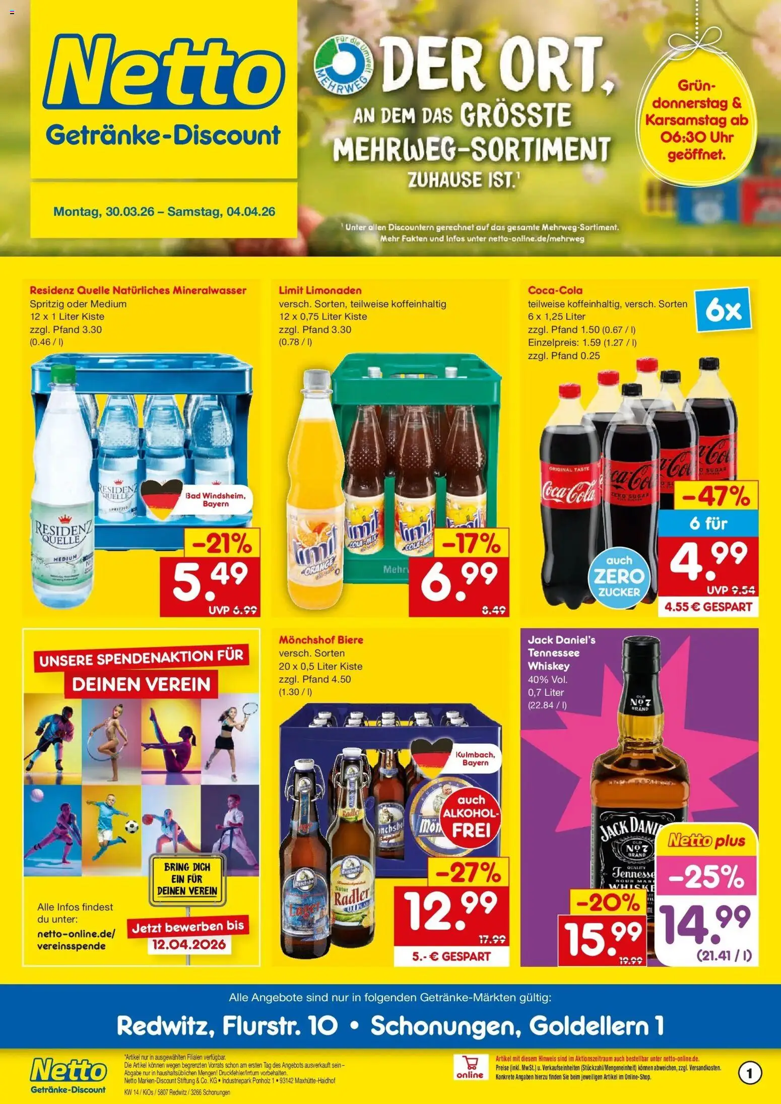 Netto Marken-Discount Prospekt Schonungen	 – gültig ab 30.03.2026 | Seite: 1 | Produkte: Monchshof, Bad, Jack Daniel's, Whiskey
