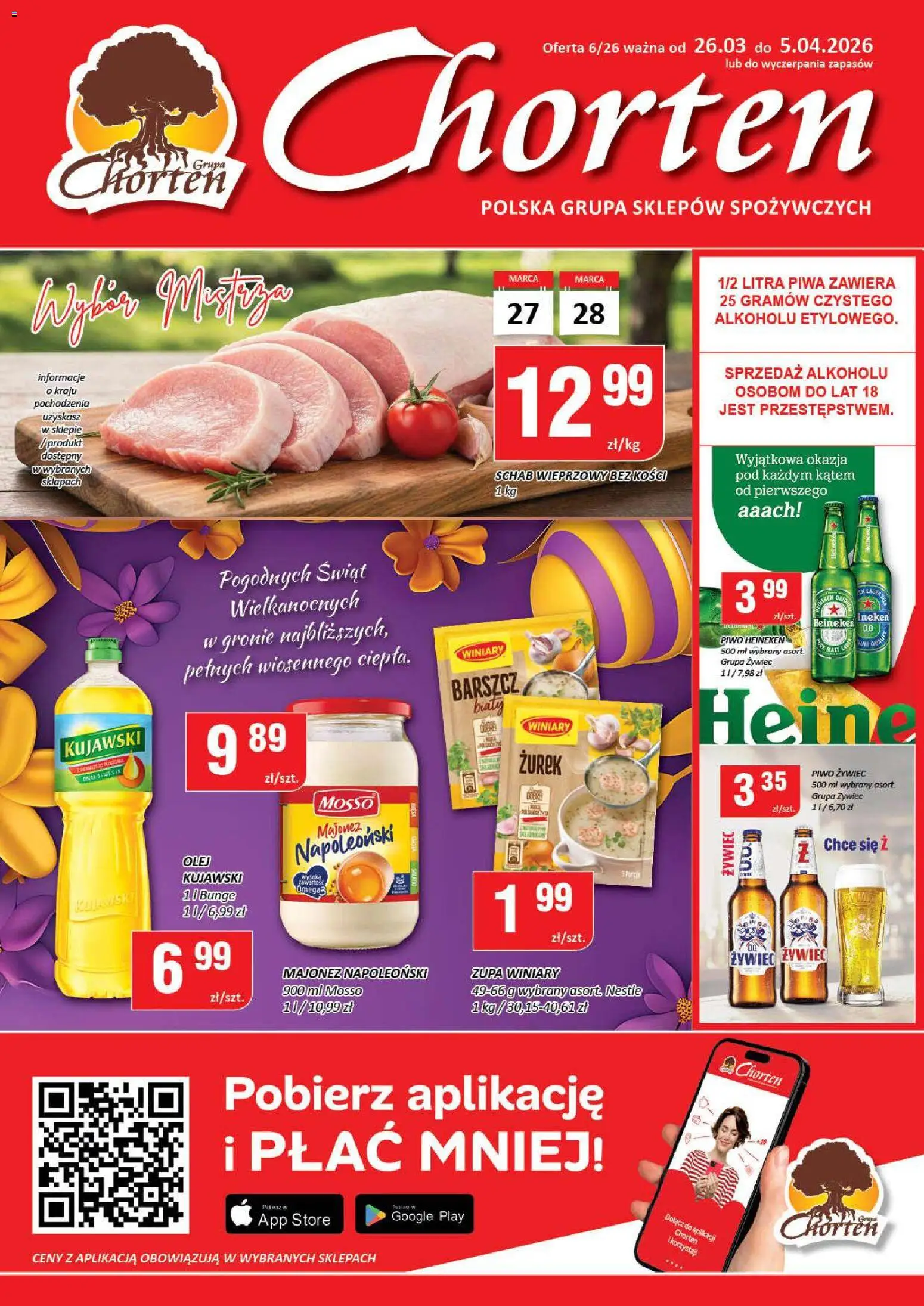 Chorten gazetka od 26.03.2026 | Strona: 1 | Produkty: Schab wieprzowy bez kości, Zurek, Majonez, Heineken