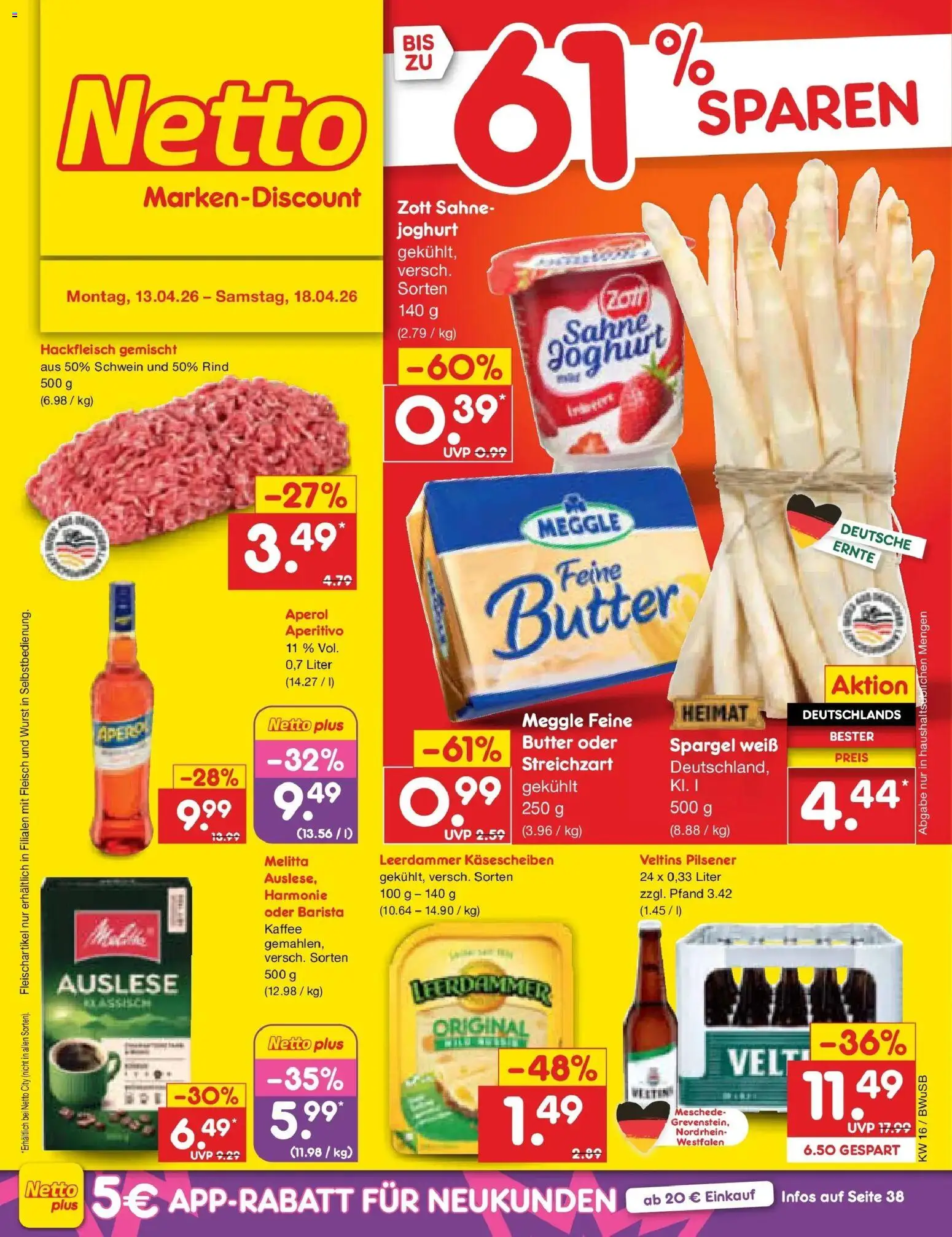 Netto Marken-Discount Prospekt Stemwede-Dielingen	 – gültig ab 13.04.2026 | Seite: 1 | Produkte: Kaffee, Aperol, Fleisch, Hackfleisch